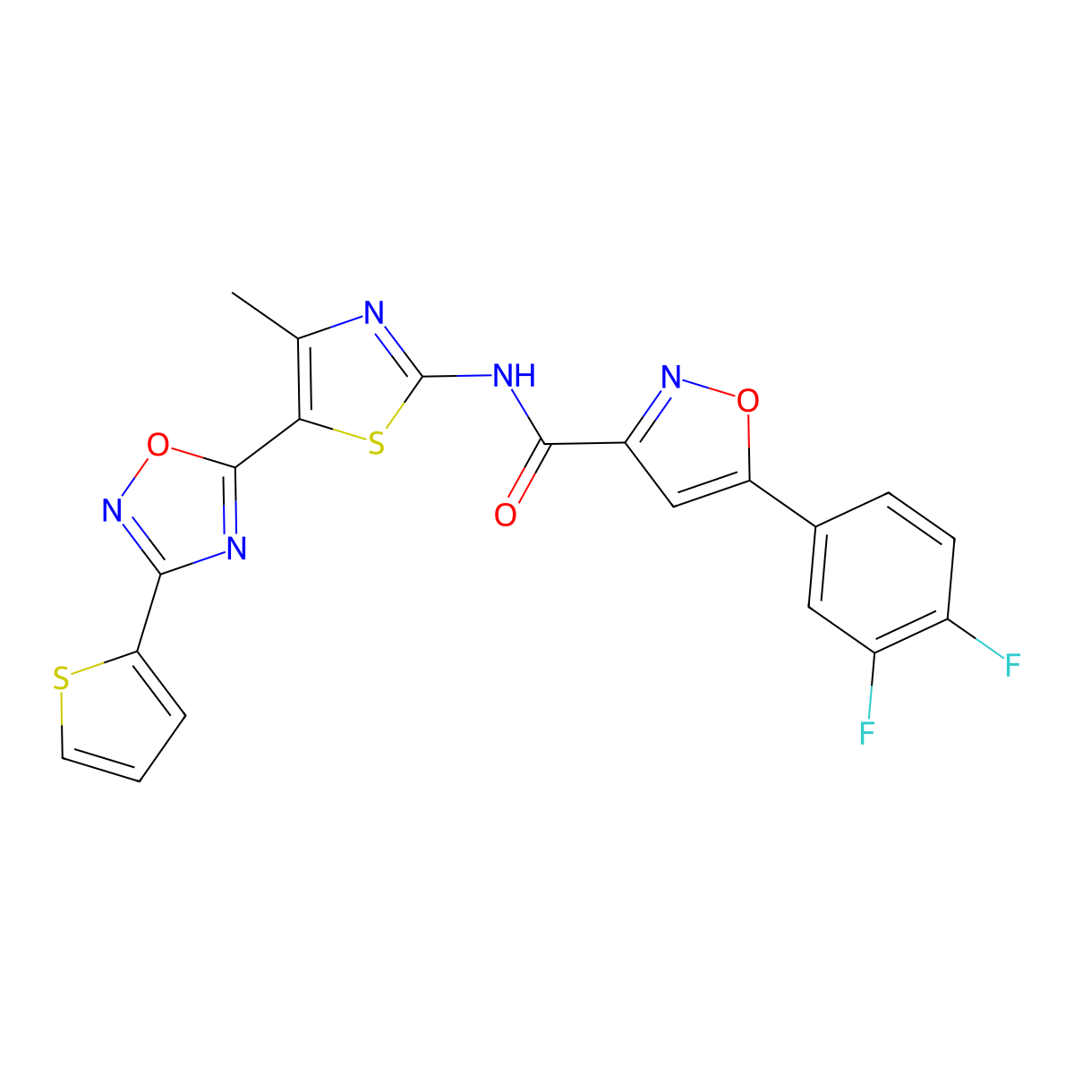 5-(3,4-difluorophenyl)-N-[(2Z)-4-methyl-5-[3-(thiophen-2-yl)-1,2,4-oxadiazol-5-yl]-1,3-thiazol-2(3H)-ylidene]-1,2-oxazole-3-carboxamide molecular structure, CAS 1092339-39-3