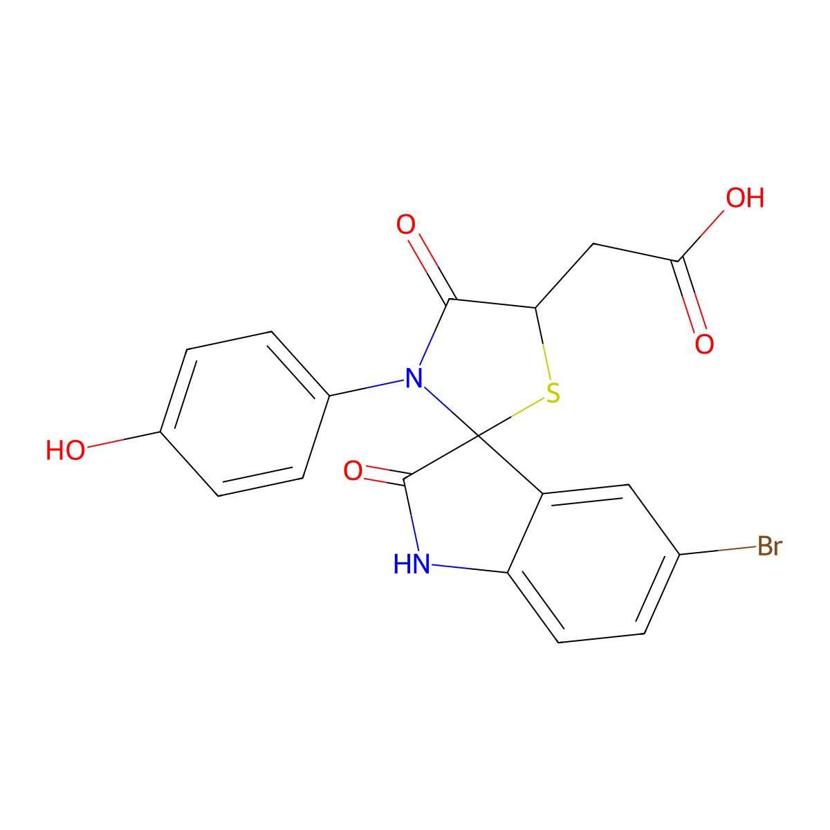 2-[5-Bromo-3'-(4-hydroxyphenyl)-2,4'-dioxo-1,2-dihydrospiro[indole-3,2'-[1,3]thiazolidine]-5'-yl]acetic acid molecular structure, CAS 1092344-32-5