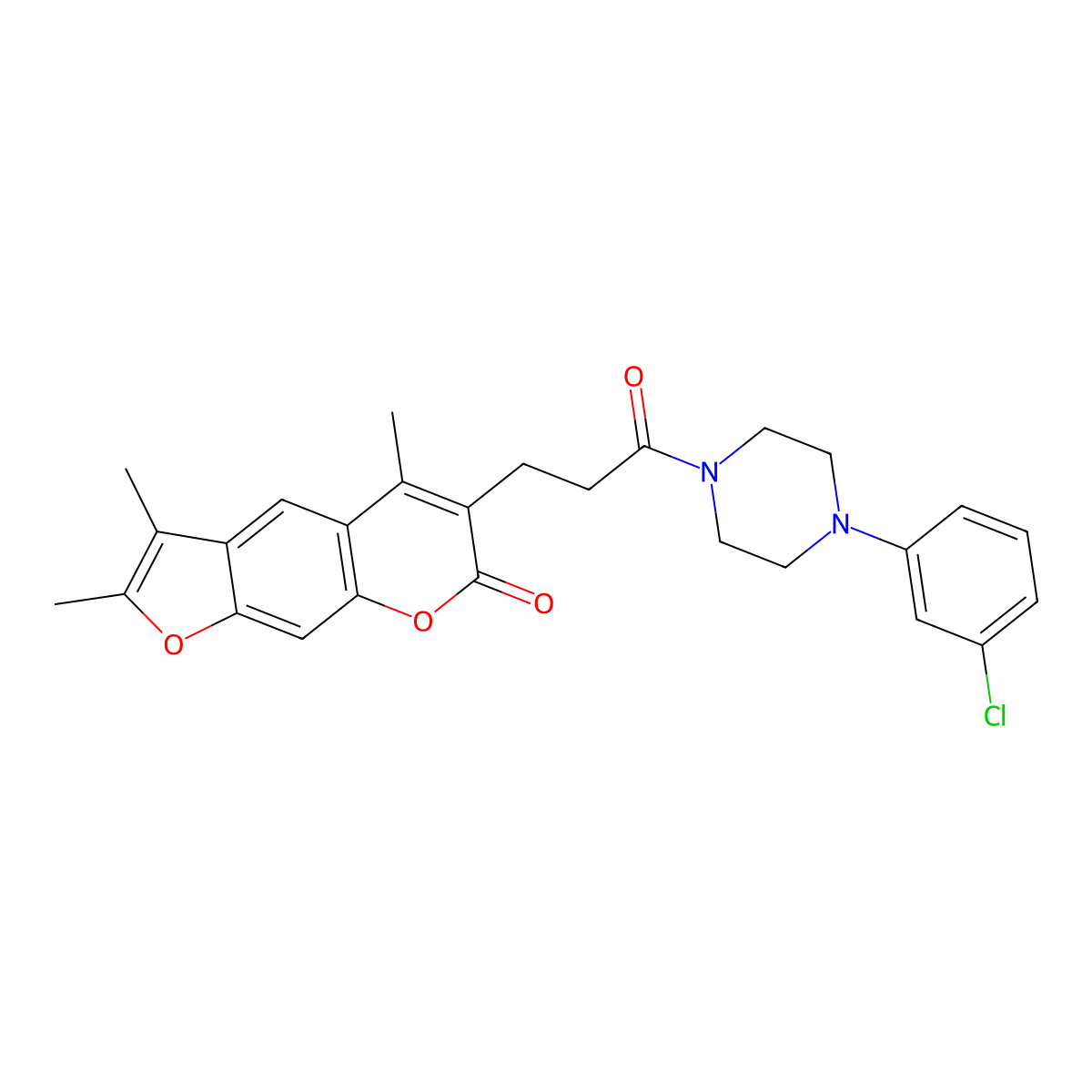 6-{3-[4-(3-chlorophenyl)piperazin-1-yl]-3-oxopropyl}-2,3,5-trimethyl-7H-furo[3,2-g]chromen-7-one molecular structure, CAS 1092345-75-9