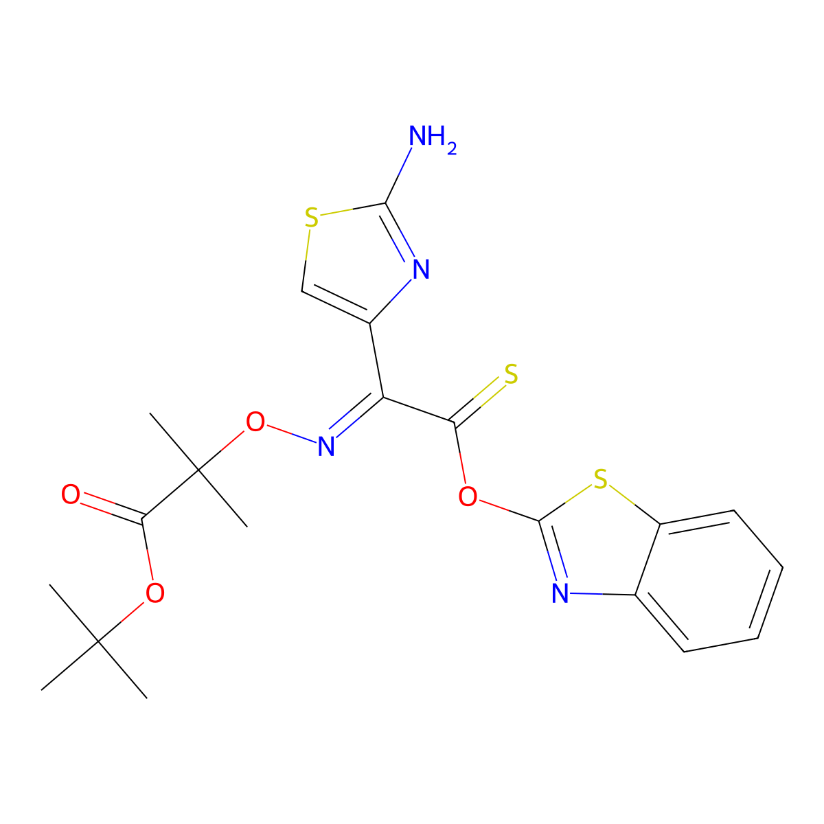 Tert-butyl 2-[[1-(2-amino-1,3-thiazol-4-yl)-2-(1,3-benzothiazol-2-yloxy)-2-sulfanylideneethylidene]amino]oxy-2-methylpropanoate molecular structure, CAS 1092349-91-1