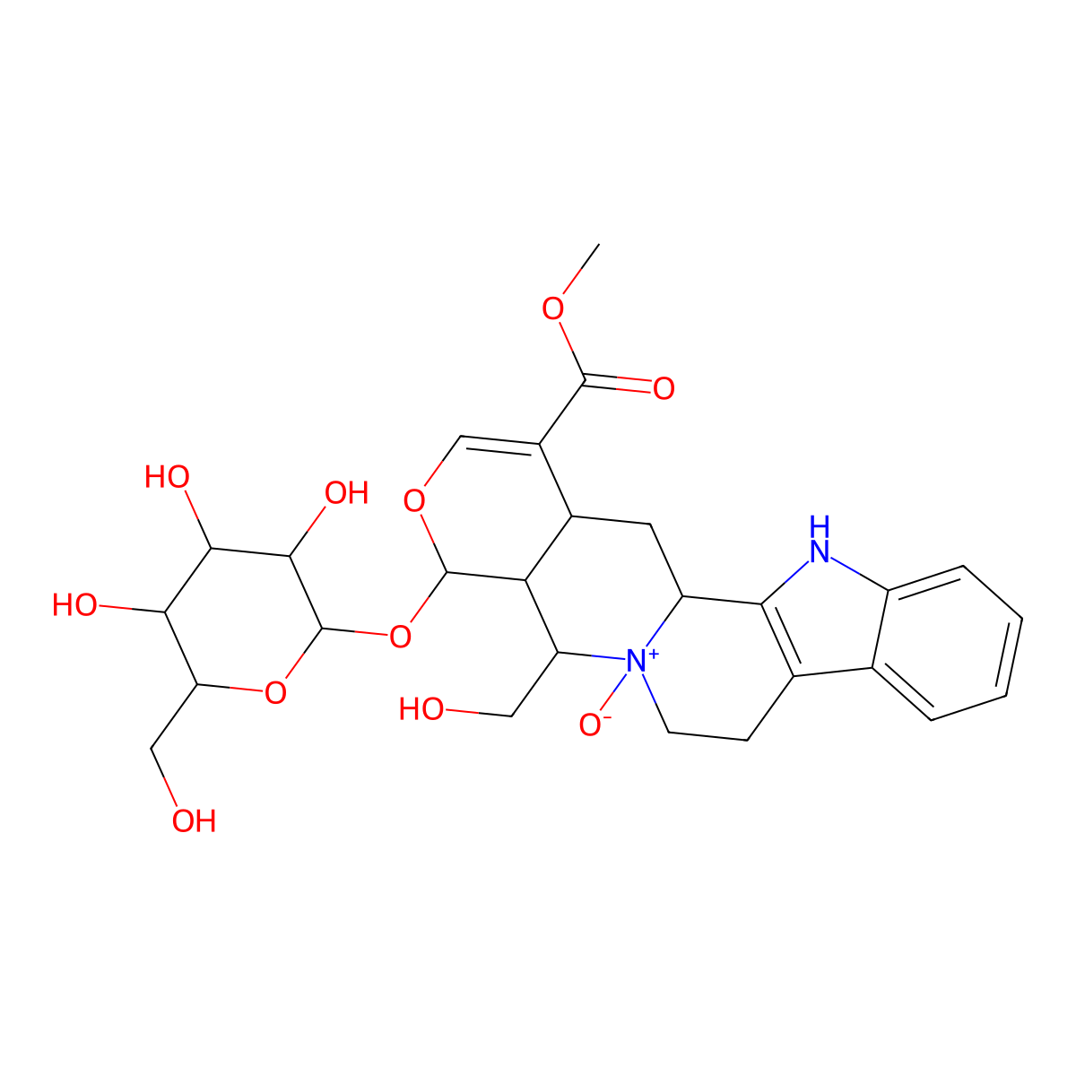Methyl 14-(hydroxymethyl)-13-oxido-16-[3,4,5-trihydroxy-6-(hydroxymethyl)oxan-2-yl]oxy-17-oxa-3-aza-13-azoniapentacyclo[11.8.0.02,10.04,9.015,20]henicosa-2(10),4,6,8,18-pentaene-19-carboxylate molecular structure, CAS 1092371-18-0