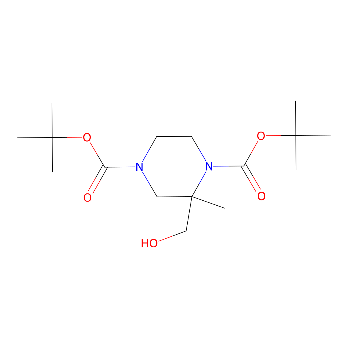 Di-tert-butyl 2-(hydroxymethyl)-2-methylpiperazine-1,4-dicarboxylate molecular structure, CAS 1092478-36-8