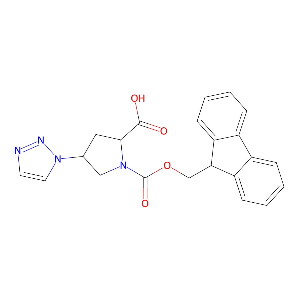 rac-(2R,4R)-1-{[(9H-fluoren-9-yl)methoxy]carbonyl}-4-(1H-1,2,3-triazol-1-yl)pyrrolidine-2-carboxylic acid molecular structure, CAS 1092491-25-2