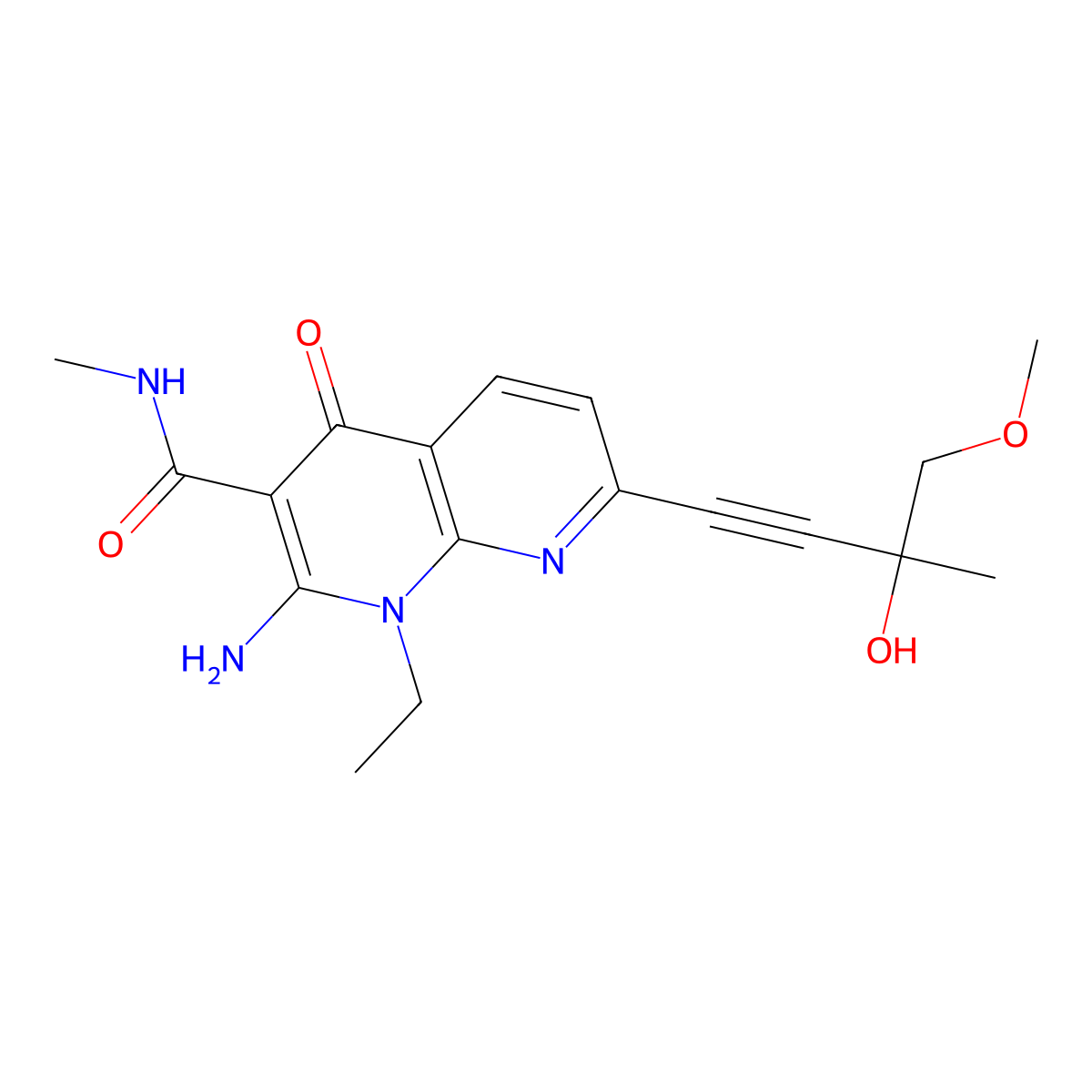 2-Amino-1-ethyl-7-(3-hydroxy-4-methoxy-3-methylbut-1-yn-1-yl)-N-methyl-4-oxo-1,4-dihydro-1,8-naphthyridine-3-carboxamide molecular structure, CAS 1092539-44-0