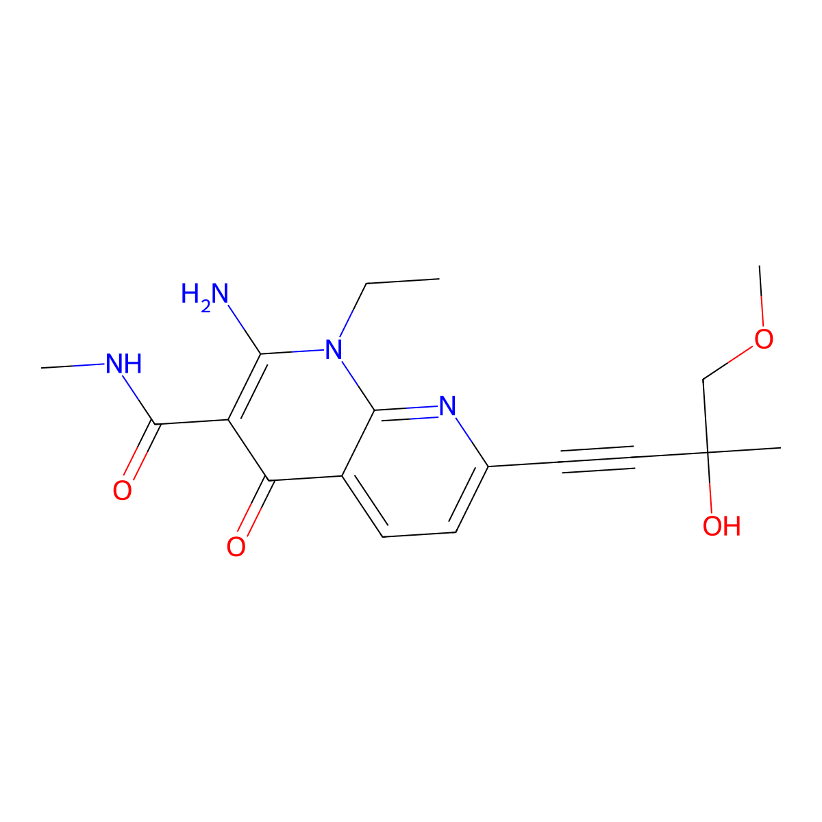 2-Amino-1-ethyl-7-(3-hydroxy-4-methoxy-3-methylbut-1-yn-1-yl)-N-methyl-4-oxo-1,4-dihydro-1,8-naphthyridine-3-carboxamide molecular structure, CAS 1092539-44-0