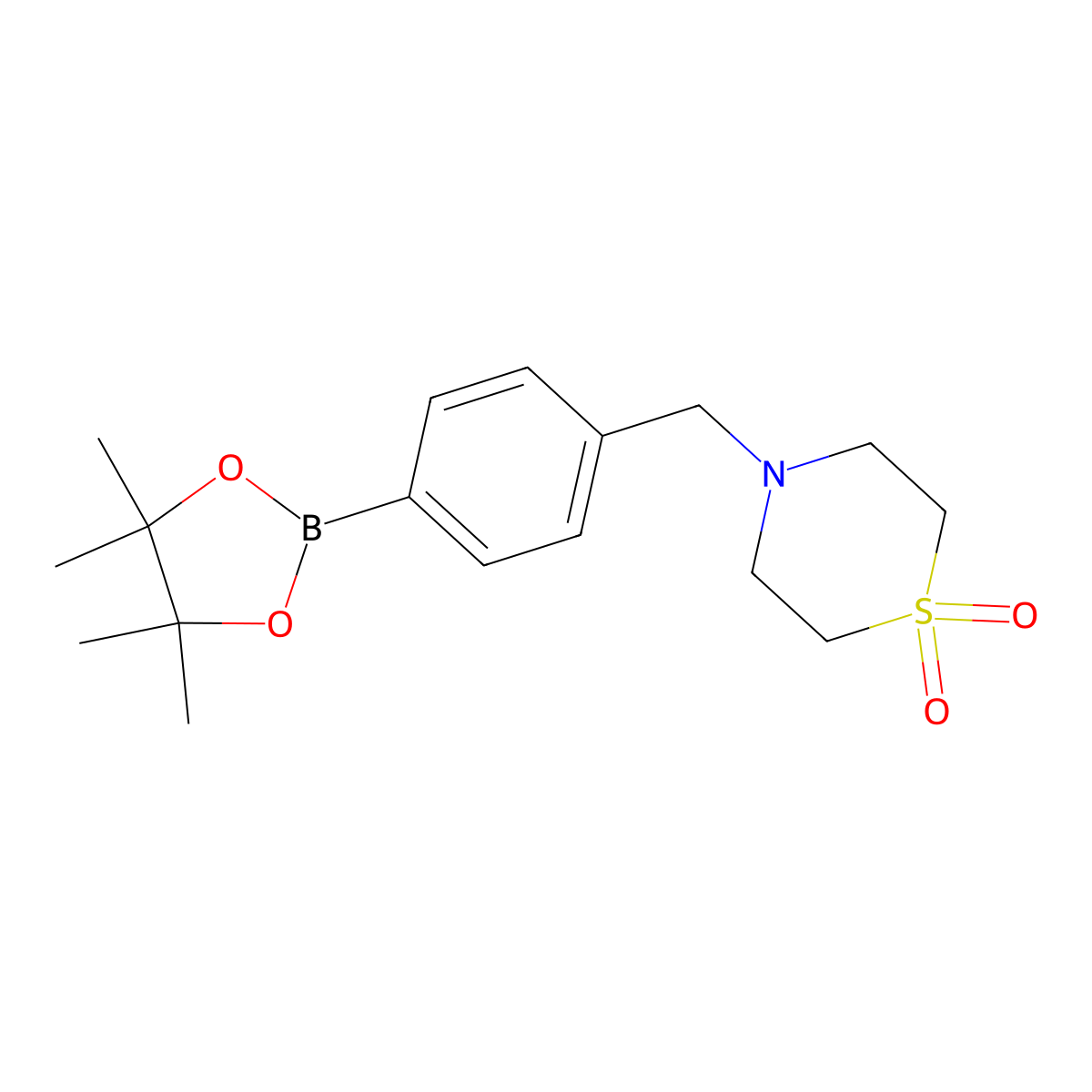 4-(4-(4,4,5,5-Tetramethyl-1,3,2-dioxaborolan-2-yl)benzyl)thiomorpholine 1,1-dioxide molecular structure, CAS 1092563-25-1