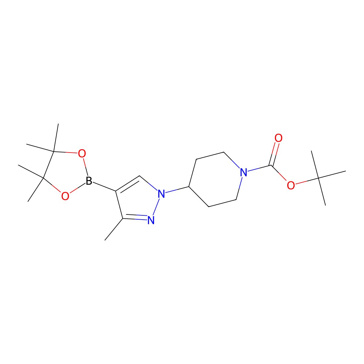 tert-Butyl 4-(3-methyl-4-(4,4,5,5-tetramethyl-1,3,2-dioxaborolan-2-yl)-1H-pyrazol-1-yl)piperidine-1-carboxylate molecular structure, CAS 1092563-68-2