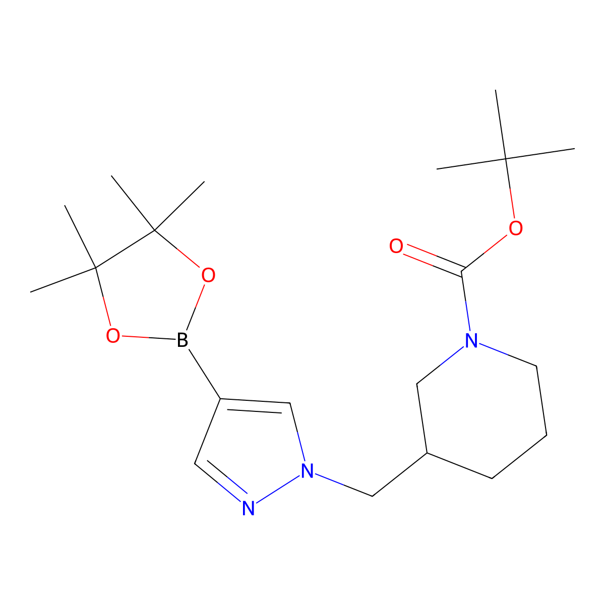 3-[4-(4,4,5,5-Tetramethyl-[1,3,2]dioxaborolan-2-yl)-pyrazol-1-ylmethyl]-piperidine-1-carboxylic acid tert-butyl ester molecular structure, CAS 1092563-71-7