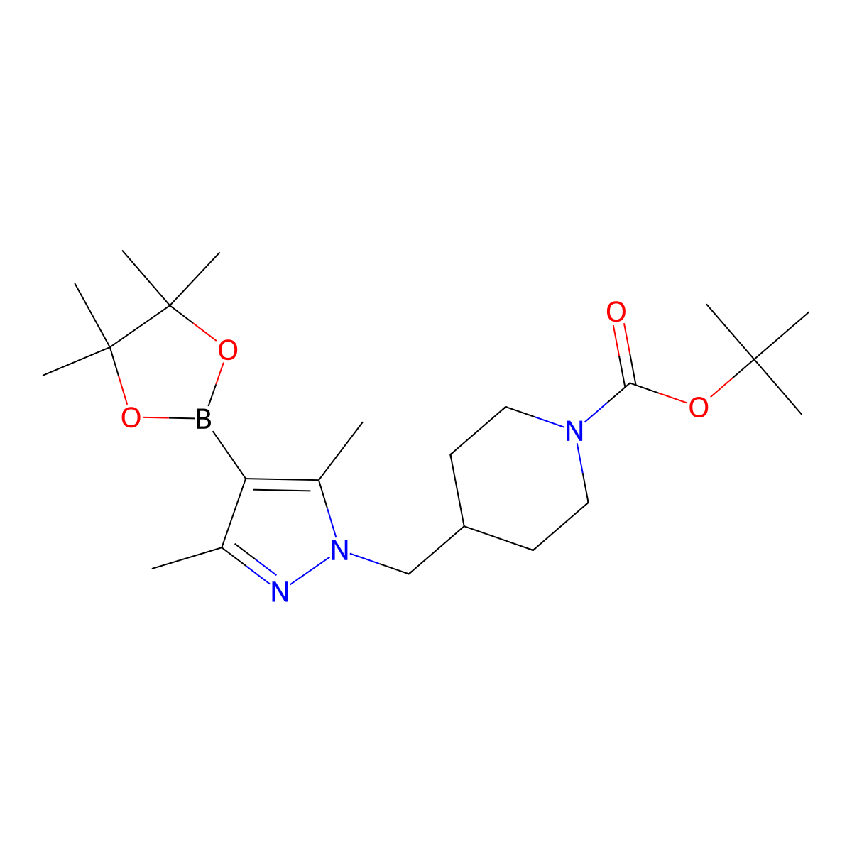 4-[3,5-Dimethyl-4-(4,4,5,5-tetramethyl-[1,3,2]dioxaborolan-2-yl)-pyrazol-1-ylmethyl]-piperidine-1-carboxylic acid tert-butyl ester molecular structure, CAS 1092564-22-1