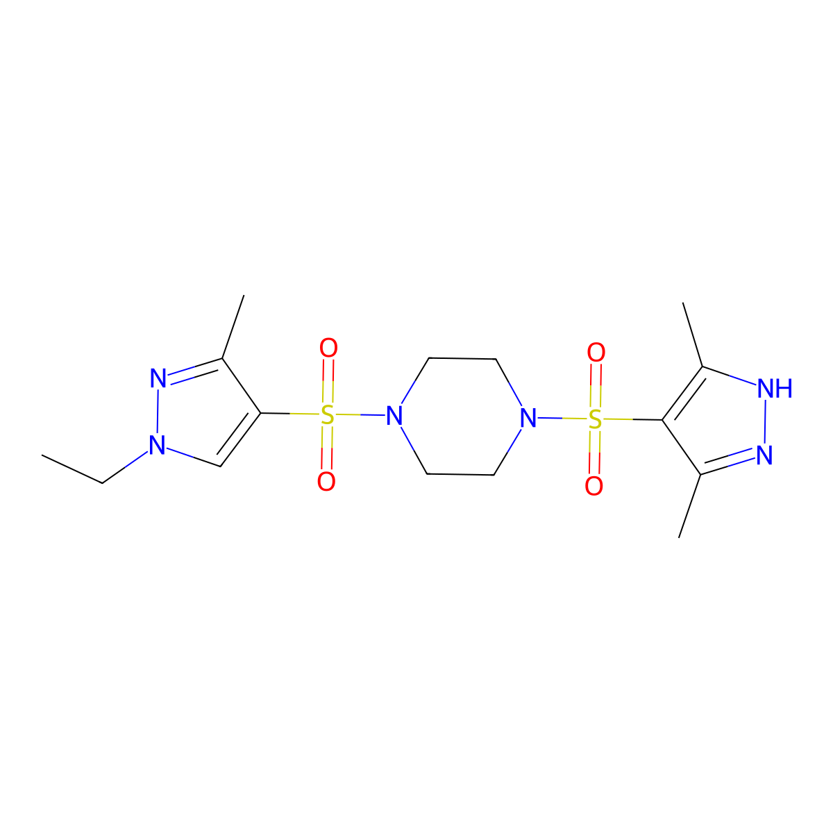 1-[(3,5-dimethyl-1H-pyrazol-4-yl)sulfonyl]-4-[(1-ethyl-3-methyl-1H-pyrazol-4-yl)sulfonyl]piperazine molecular structure, CAS 1092773-42-6