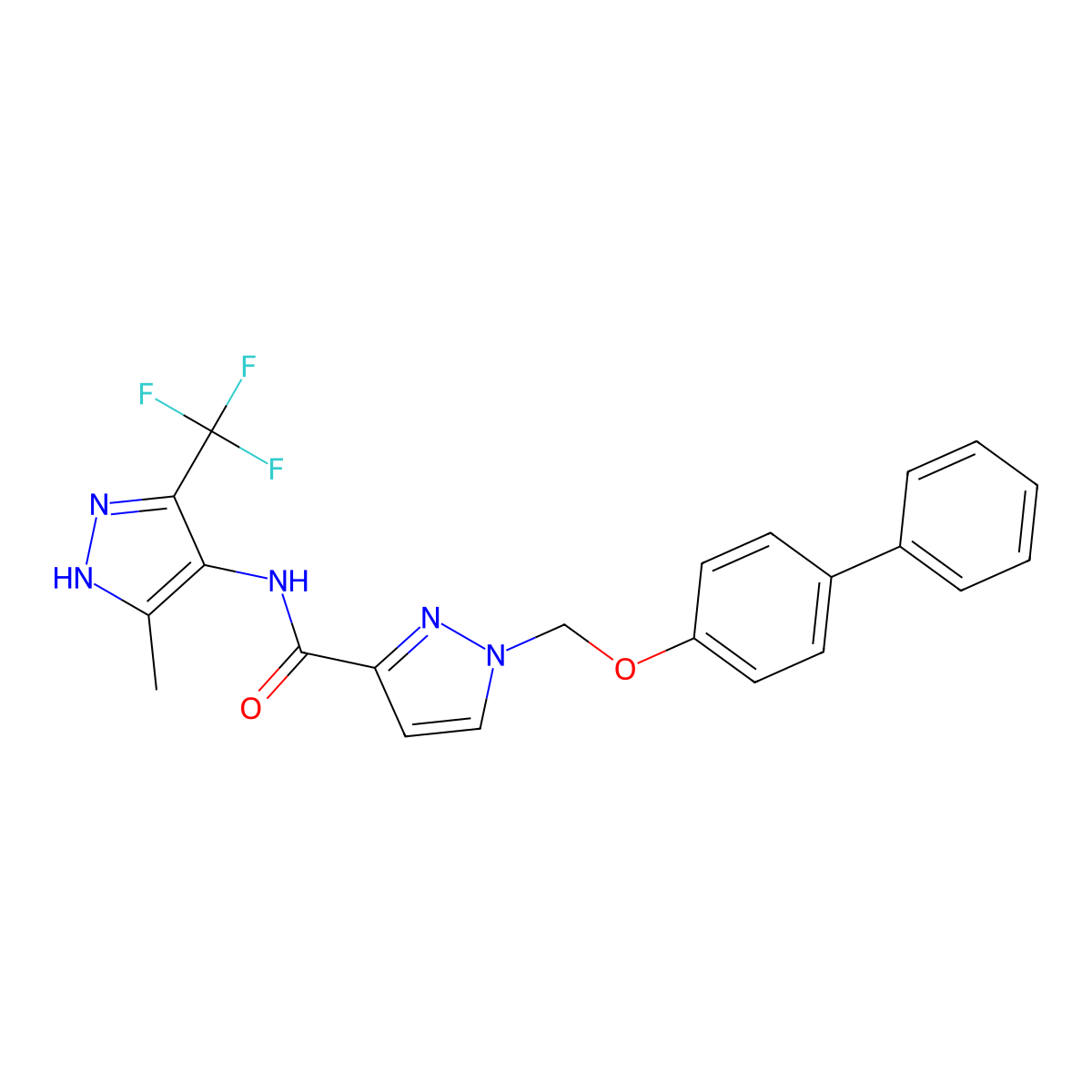 1-[(biphenyl-4-yloxy)methyl]-N-[5-methyl-3-(trifluoromethyl)-1H-pyrazol-4-yl]-1H-pyrazole-3-carboxamide molecular structure, CAS 1092782-87-0