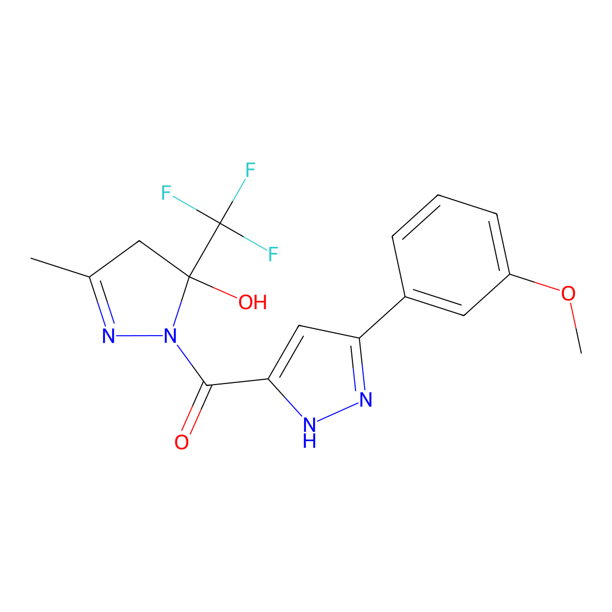 [5-hydroxy-3-methyl-5-(trifluoromethyl)-4,5-dihydro-1H-pyrazol-1-yl][5-(3-methoxyphenyl)-1H-pyrazol-3-yl]methanone molecular structure, CAS 1092799-27-3