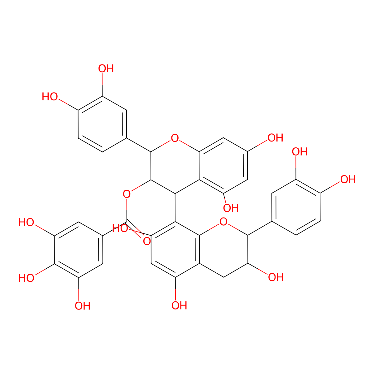 (2R,2'R,3R,3'R,4R)-2,2'-bis(3,4-dihydroxyphenyl)-3',5,5',7,7'-pentahydroxy-[4,8'-bichroman]-3-yl 3,4,5-trihydroxybenzoate molecular structure, CAS 109280-47-9