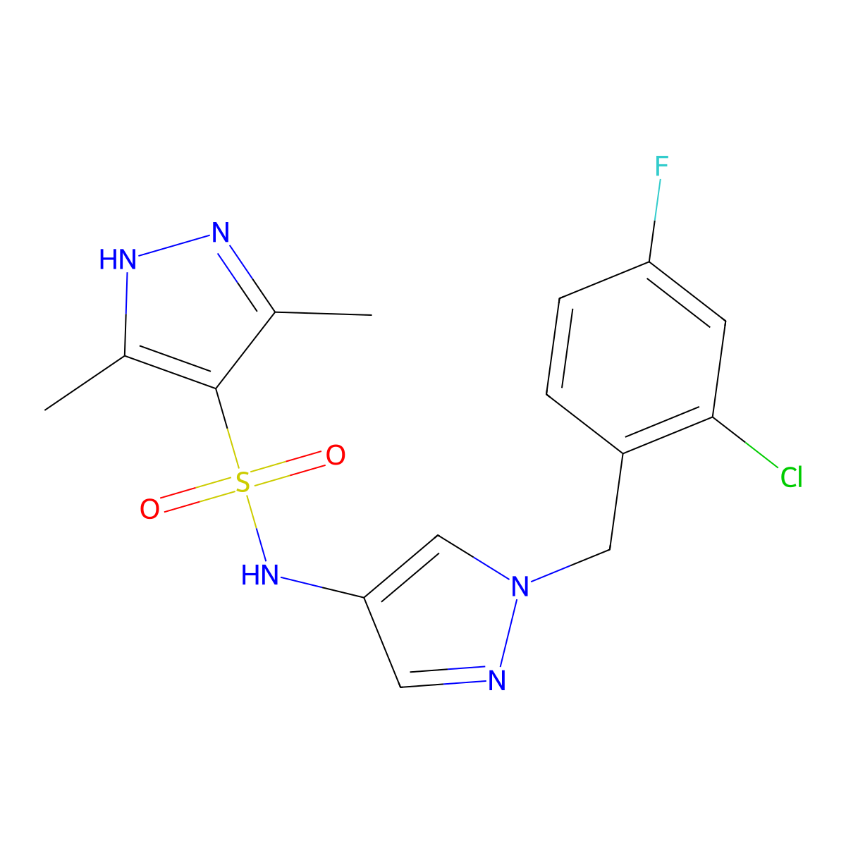 N-[1-(2-chloro-4-fluorobenzyl)-1H-pyrazol-4-yl]-3,5-dimethyl-1H-pyrazole-4-sulfonamide molecular structure, CAS 1092813-49-4