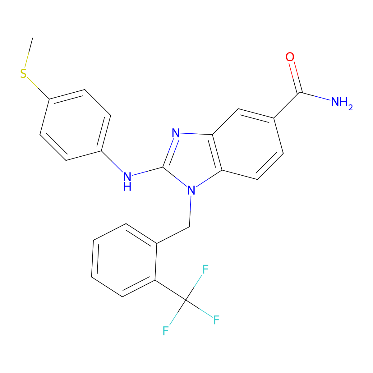 2-((4-(Methylthio)phenyl)amino)-1-(2-(trifluoromethyl)benzyl)-1H-benzo[d]imidazole-5-carboxamide molecular structure, CAS 1092829-83-8