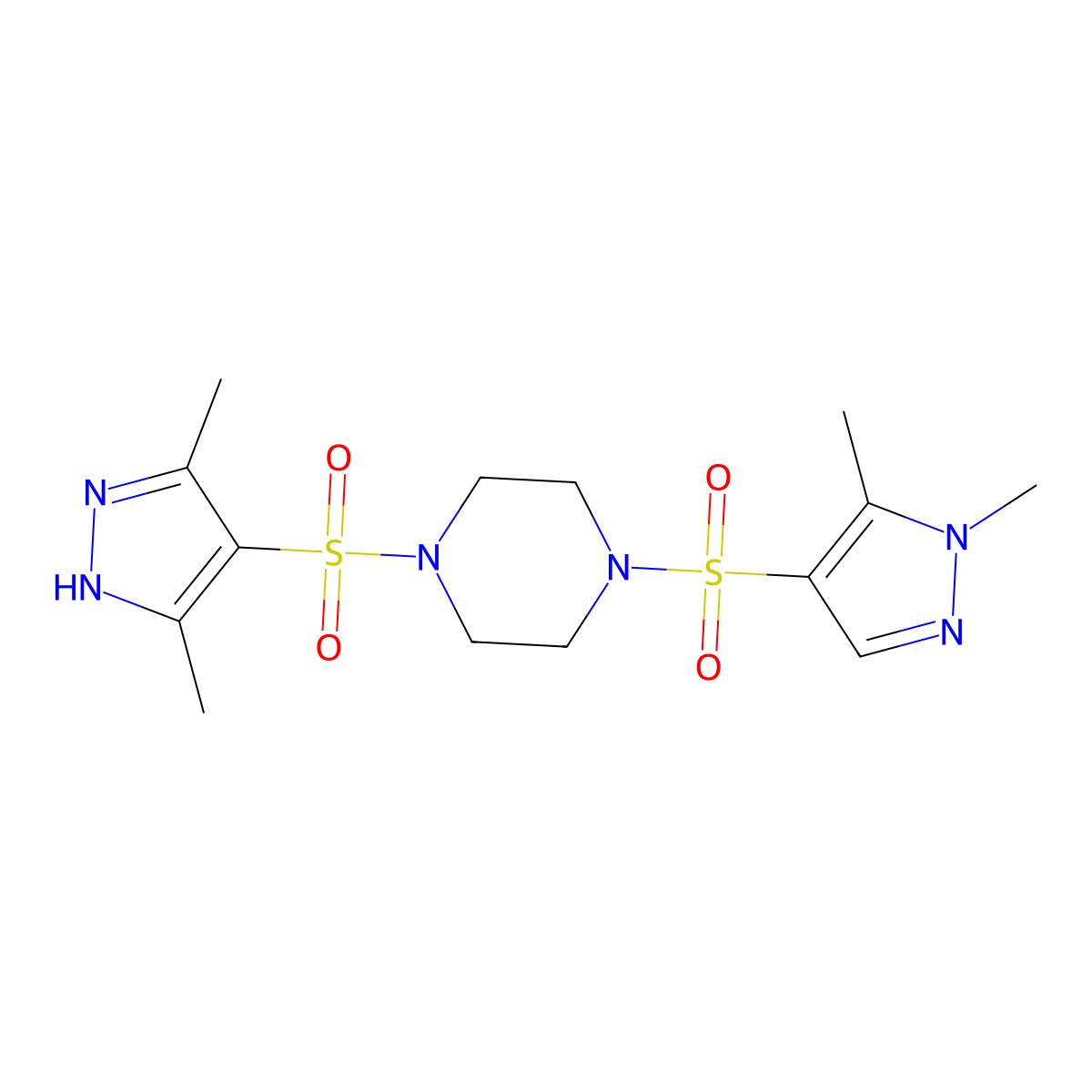 1-[(1,5-dimethyl-1H-pyrazol-4-yl)sulfonyl]-4-[(3,5-dimethyl-1H-pyrazol-4-yl)sulfonyl]piperazine molecular structure, CAS 1092839-95-6