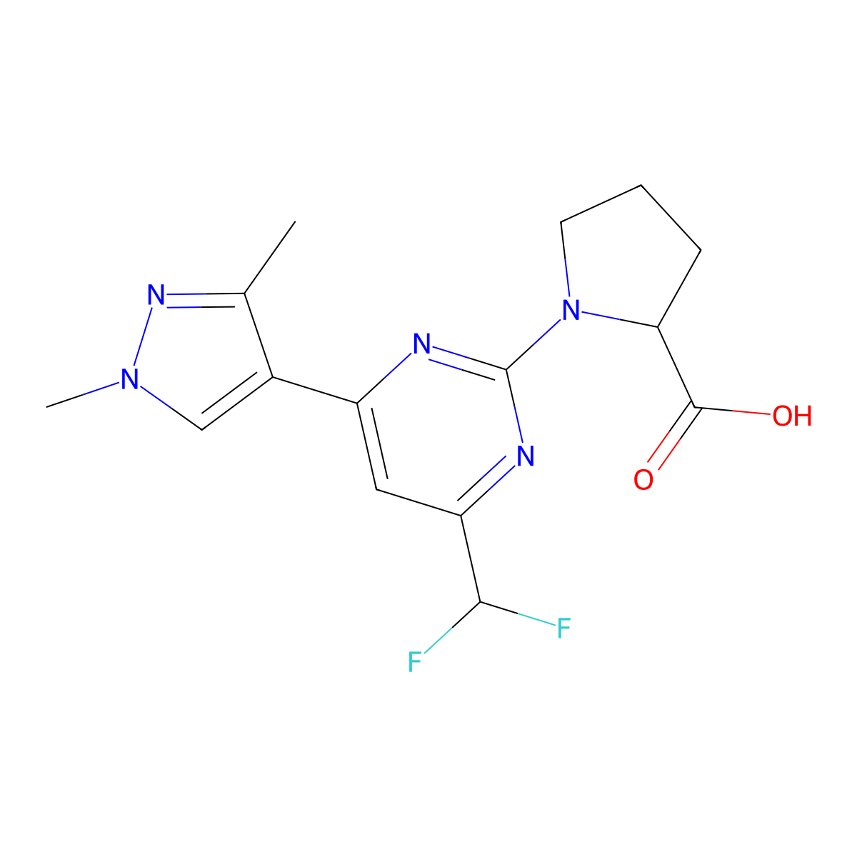 1-[4-(difluoromethyl)-6-(1,3-dimethyl-1H-pyrazol-4-yl)pyrimidin-2-yl]proline molecular structure, CAS 1092840-98-6