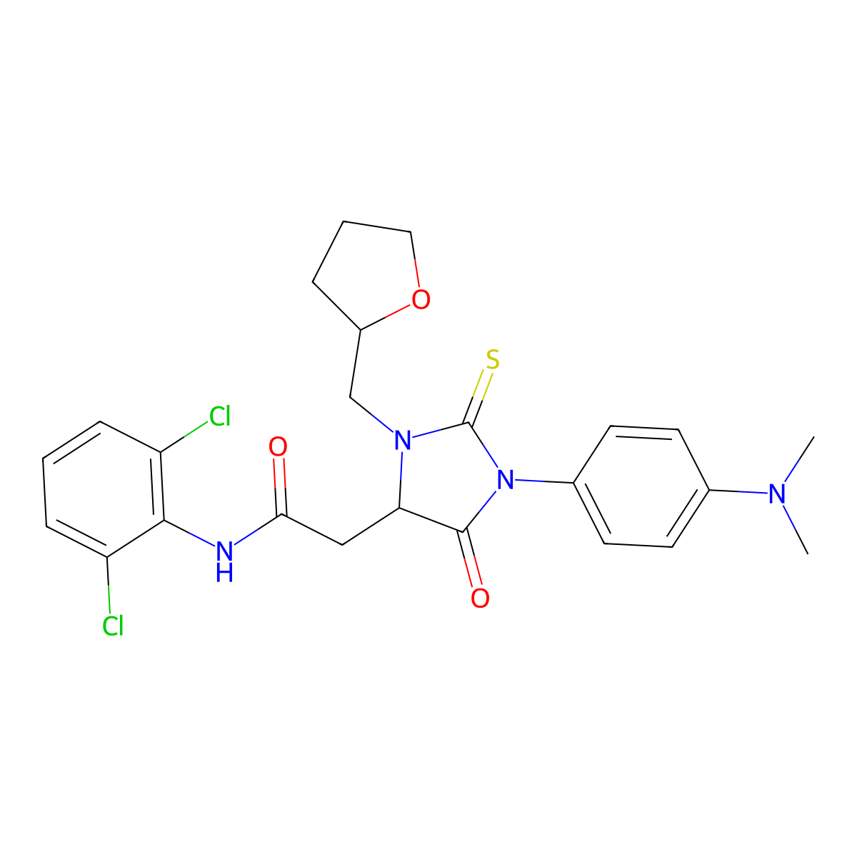 N-(2,6-Dichlorophenyl)-1-[4-(dimethylamino)phenyl]-5-oxo-3-[(tetrahydro-2-furanyl)methyl]-2-thioxo-4-imidazolidineacetamide molecular structure, CAS 1092841-00-3