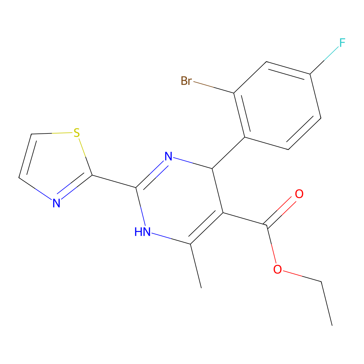 Ethyl 4-(2-bromo-4-fluorophenyl)-6-methyl-2-(thiazol-2-yl)-1,4-dihydropyrimidine-5-carboxylate molecular structure, CAS 1092952-98-1