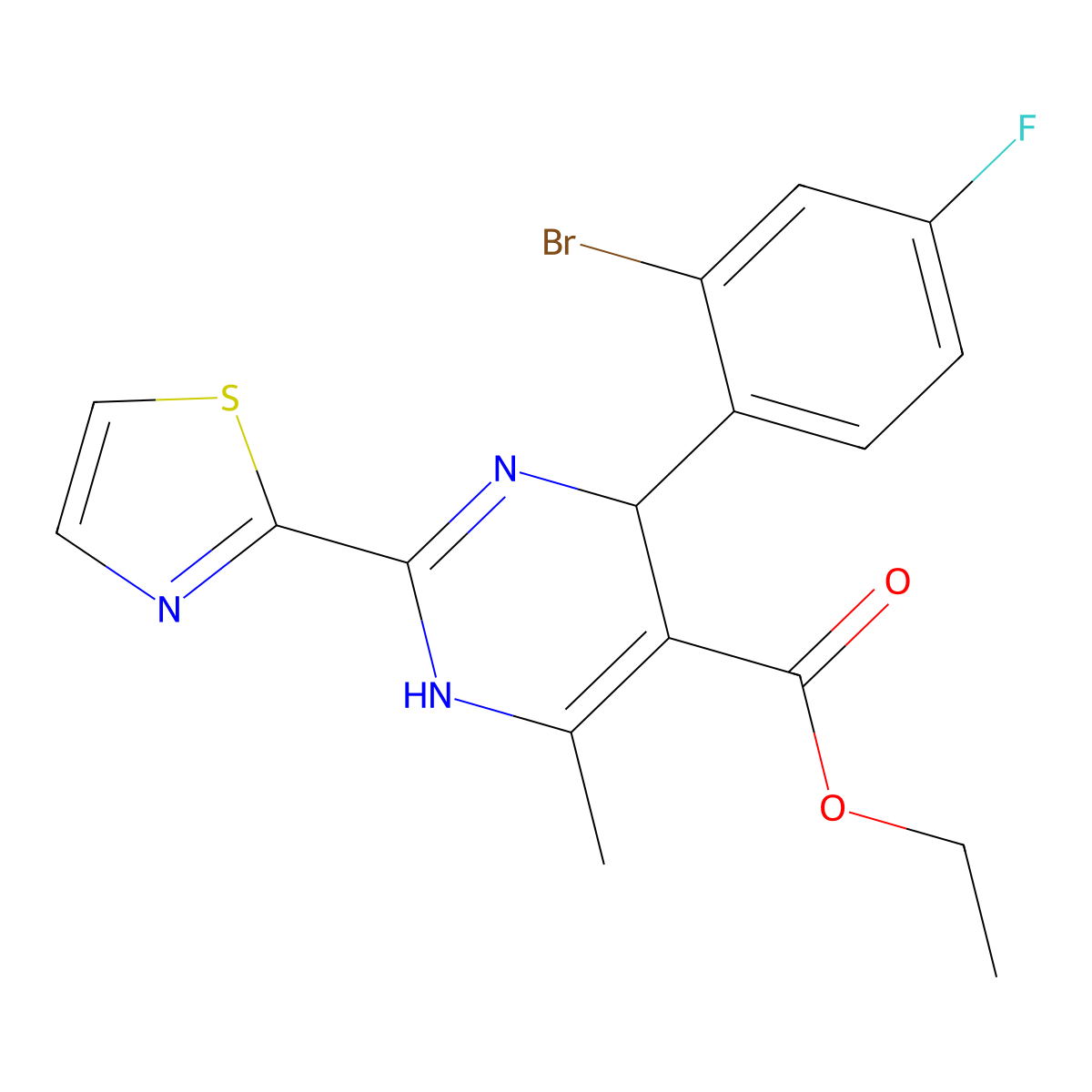 Ethyl 4-(2-bromo-4-fluorophenyl)-6-methyl-2-(thiazol-2-yl)-1,4-dihydropyrimidine-5-carboxylate molecular structure, CAS 1092952-98-1