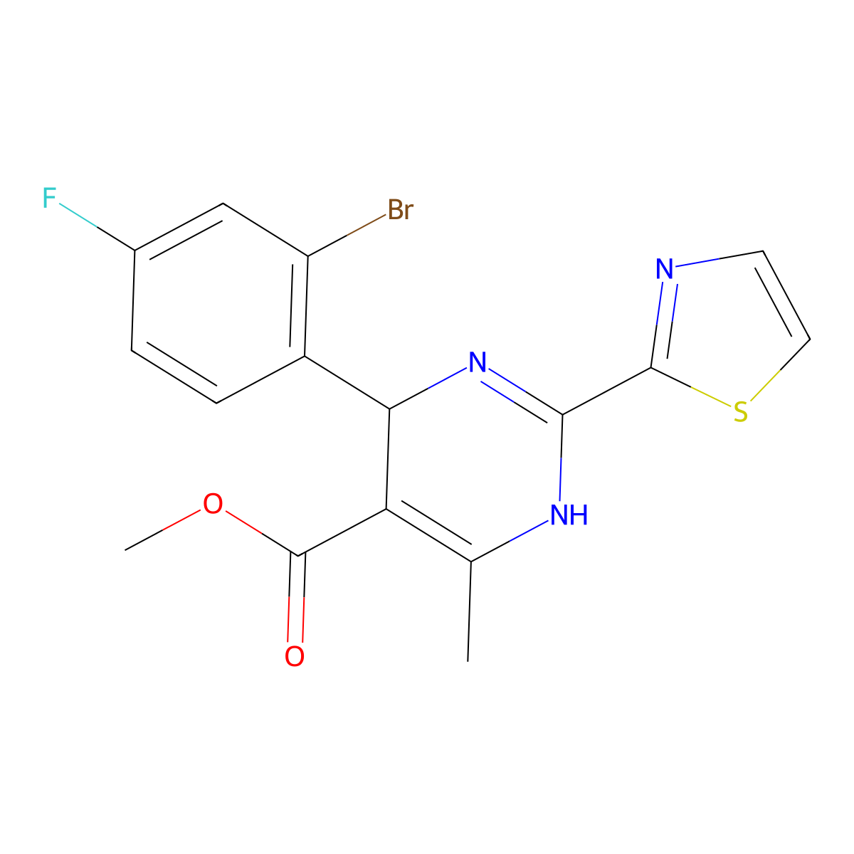 Methyl 4-(2-Bromo-4-fluorophenyl)-6-methyl-2-(2-thiazolyl)-1,4-dihydropyrimidine-5-carboxylate molecular structure, CAS 1092952-99-2