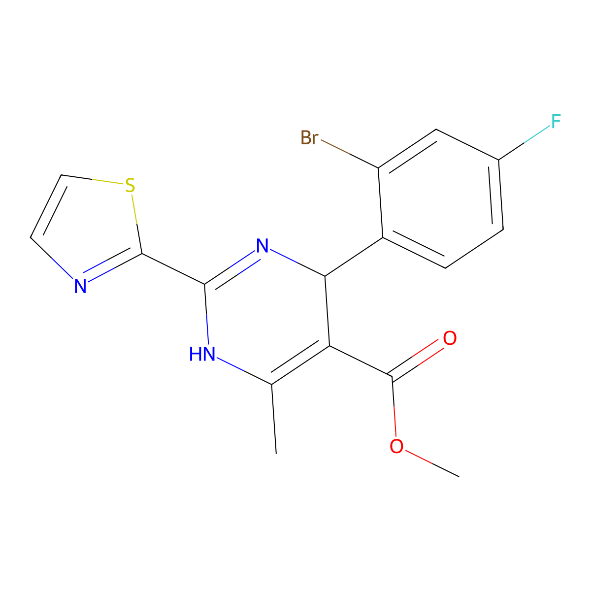 Methyl 4-(2-Bromo-4-fluorophenyl)-6-methyl-2-(2-thiazolyl)-1,4-dihydropyrimidine-5-carboxylate molecular structure, CAS 1092952-99-2