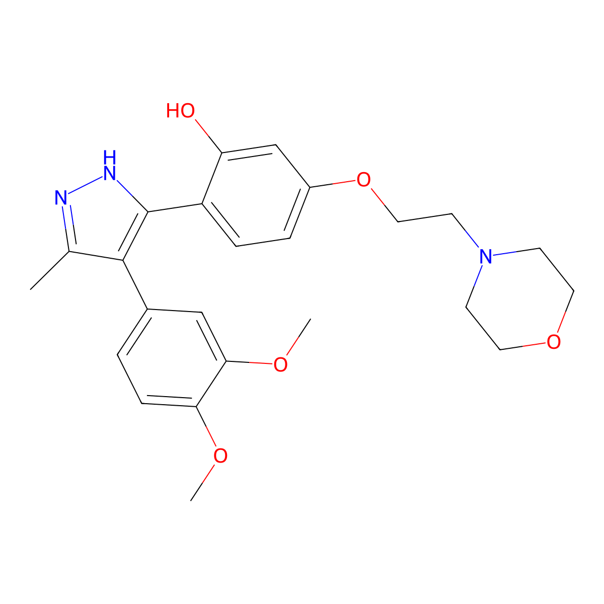 2-(4-(3,4-dimethoxyphenyl)-5-methyl-1H-pyrazol-3-yl)-5-(2-morpholinoethoxy)phenol molecular structure, CAS 1092972-14-9