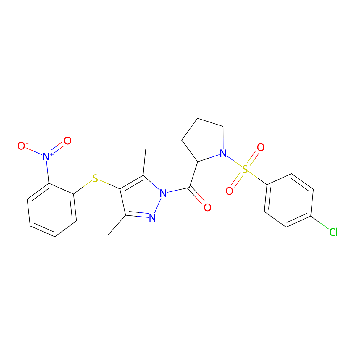 (1-((4-chlorophenyl)sulfonyl)pyrrolidin-2-yl)(3,5-dimethyl-4-((2-nitrophenyl)thio)-1H-pyrazol-1-yl)methanone molecular structure, CAS 1092982-85-8