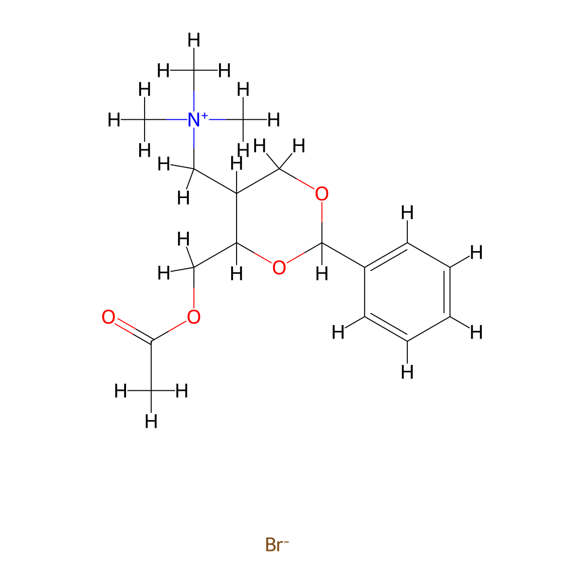 Ammonium, ((5-(hydroxymethyl)-2-phenyl-m-dioxan-5-yl)methyl)trimethyl-, bromide, acetate molecular structure, CAS 1093-20-5