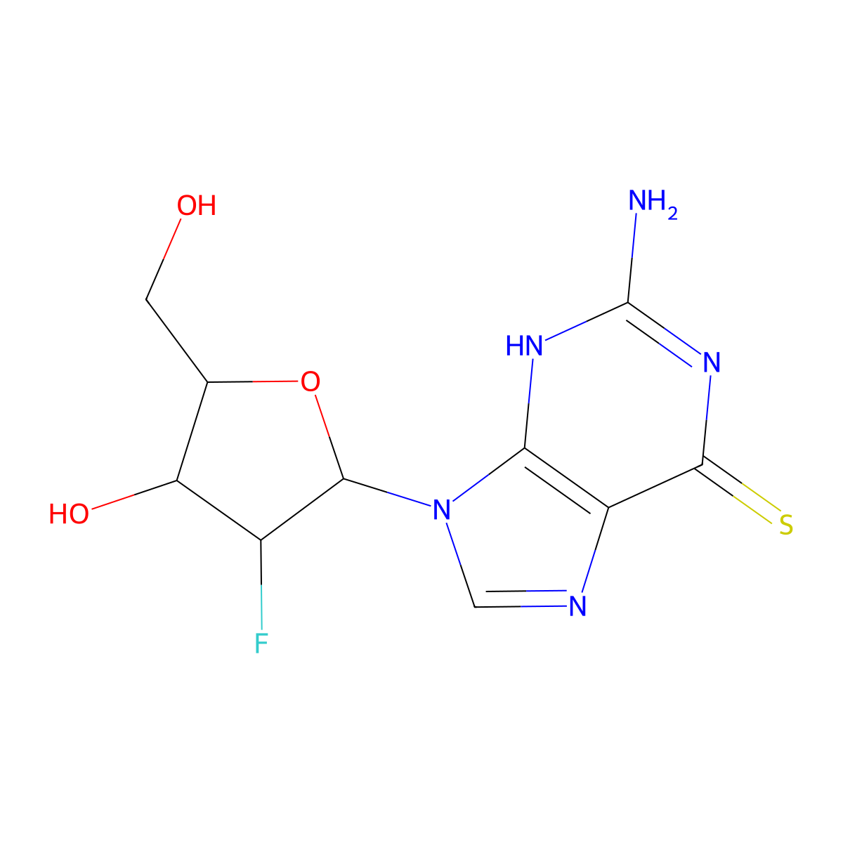 2-Amino-9-((2R,3S,4R,5R)-3-fluoro-4-hydroxy-5-(hydroxymethyl)tetrahydrofuran-2-yl)-1H-purine-6(9H)-thione molecular structure, CAS 109304-03-2