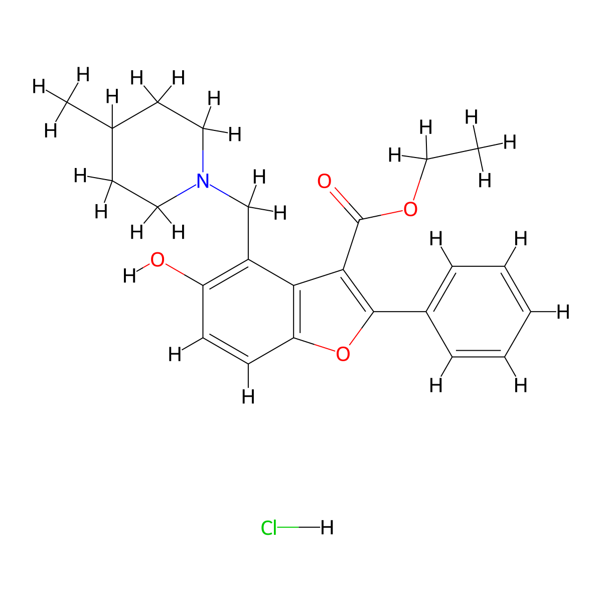 Ethyl 5-hydroxy-4-[(4-methylpiperidin-1-yl)methyl]-2-phenyl-1-benzofuran-3-carboxylate hydrochloride molecular structure, CAS 1093061-14-3