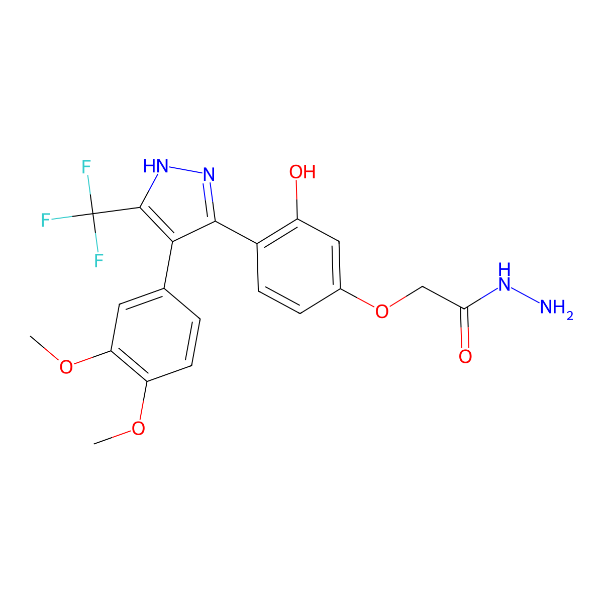2-(4-(4-(3,4-dimethoxyphenyl)-5-(trifluoromethyl)-1H-pyrazol-3-yl)-3-hydroxyphenoxy)acetohydrazide molecular structure, CAS 1093061-27-8