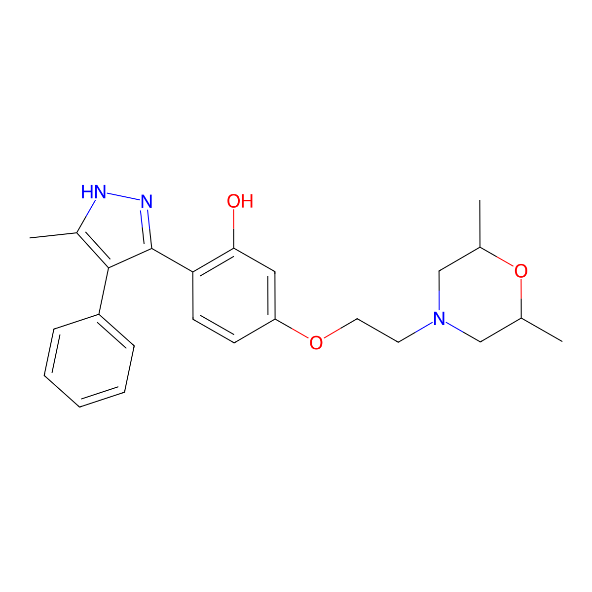 5-(2-(2,6-dimethylmorpholino)ethoxy)-2-(5-methyl-4-phenyl-1H-pyrazol-3-yl)phenol molecular structure, CAS 1093065-57-6