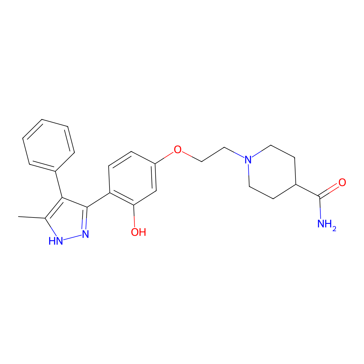 1-(2-(3-hydroxy-4-(5-methyl-4-phenyl-1H-pyrazol-3-yl)phenoxy)ethyl)piperidine-4-carboxamide molecular structure, CAS 1093065-65-6