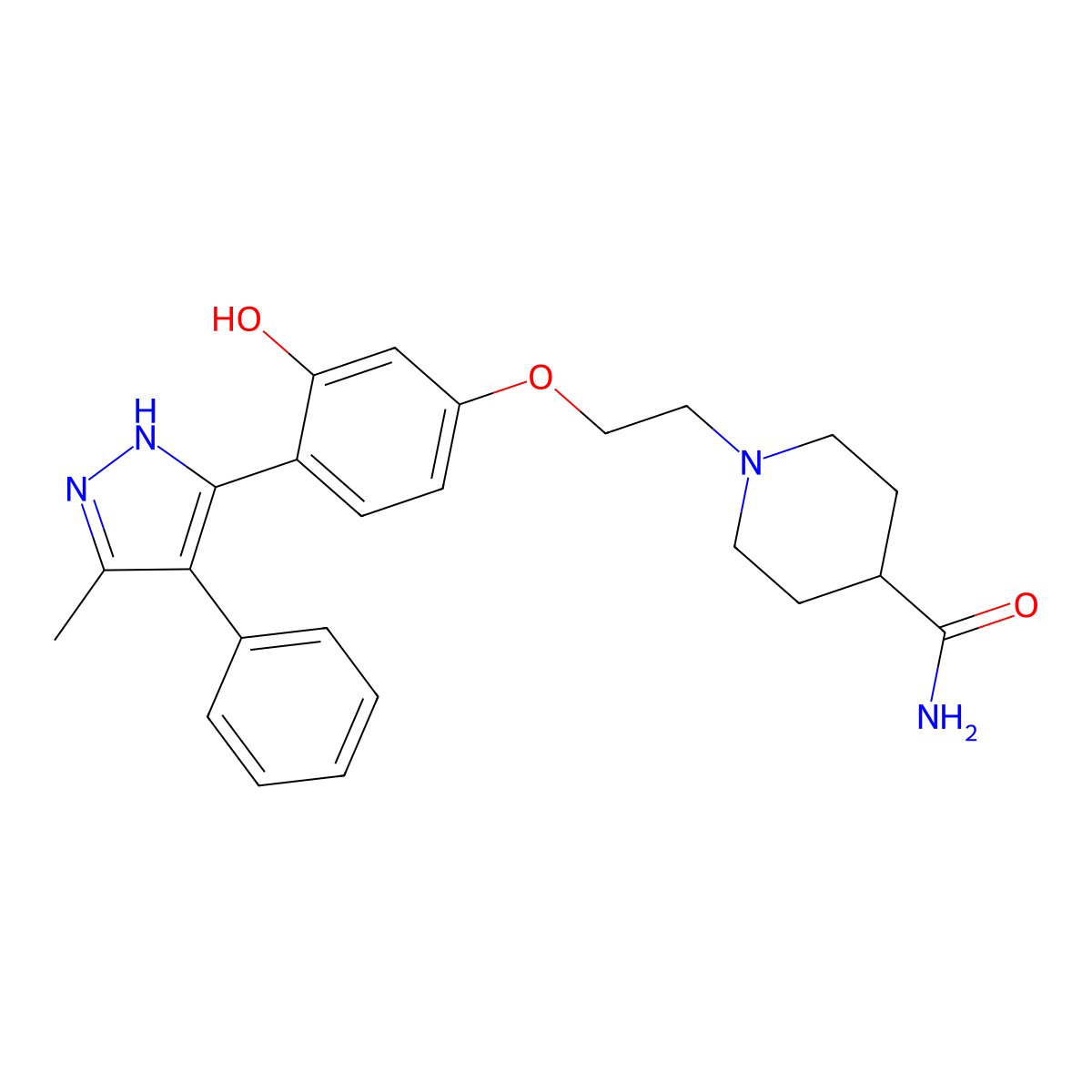 1-(2-(3-hydroxy-4-(5-methyl-4-phenyl-1H-pyrazol-3-yl)phenoxy)ethyl)piperidine-4-carboxamide molecular structure, CAS 1093065-65-6