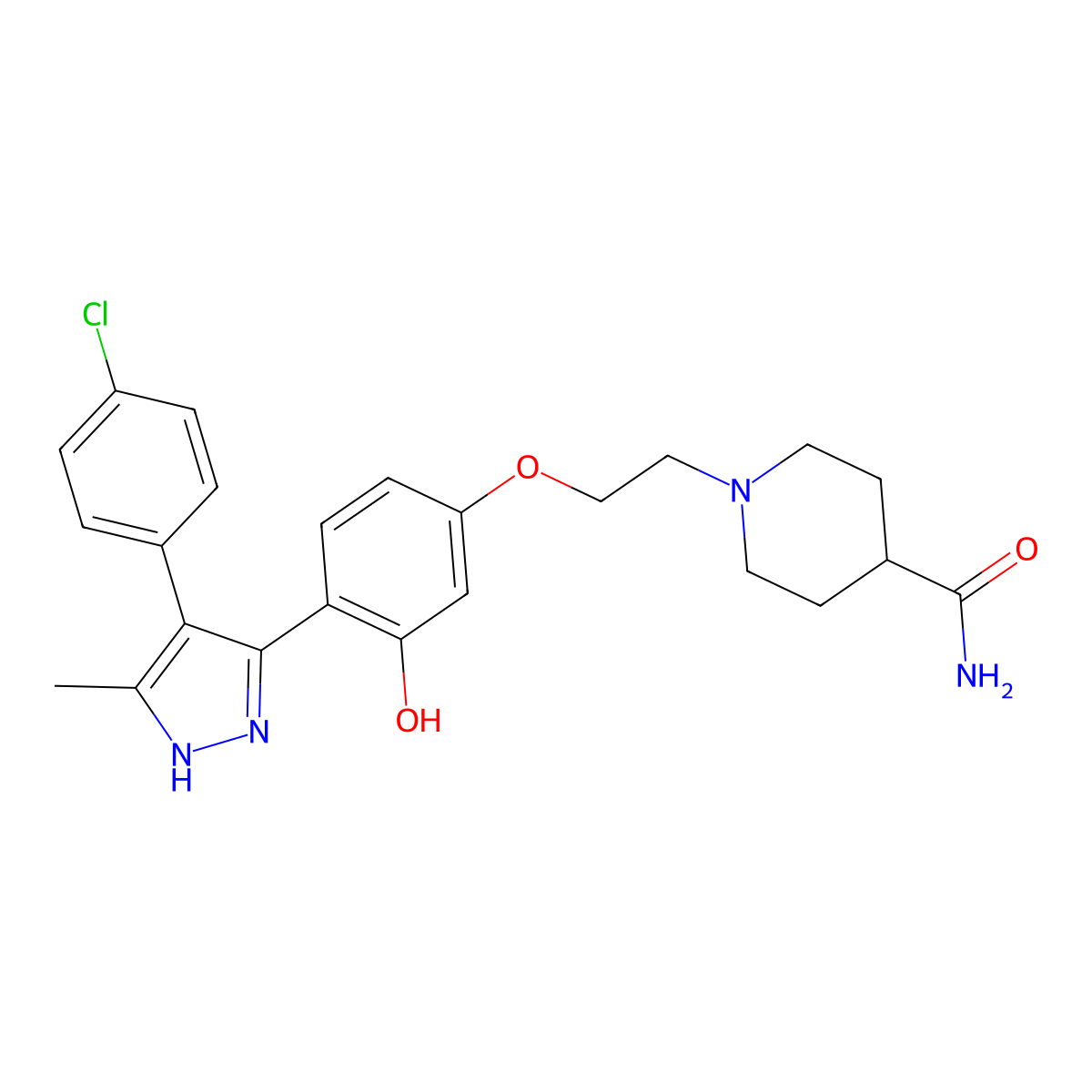 1-(2-(4-(4-(4-chlorophenyl)-5-methyl-1H-pyrazol-3-yl)-3-hydroxyphenoxy)ethyl)piperidine-4-carboxamide molecular structure, CAS 1093065-66-7