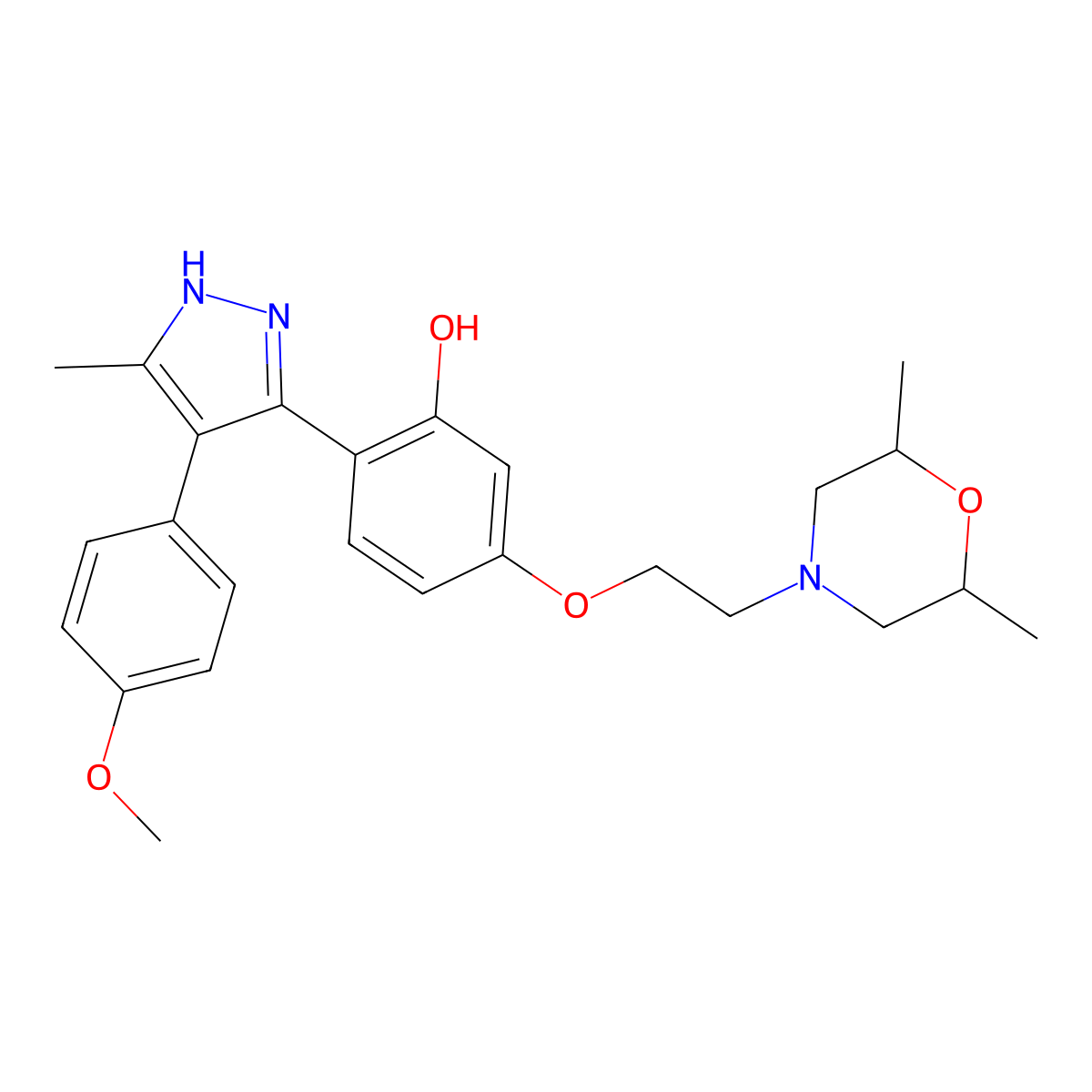 5-(2-(2,6-dimethylmorpholino)ethoxy)-2-(4-(4-methoxyphenyl)-5-methyl-1H-pyrazol-3-yl)phenol molecular structure, CAS 1093065-78-1