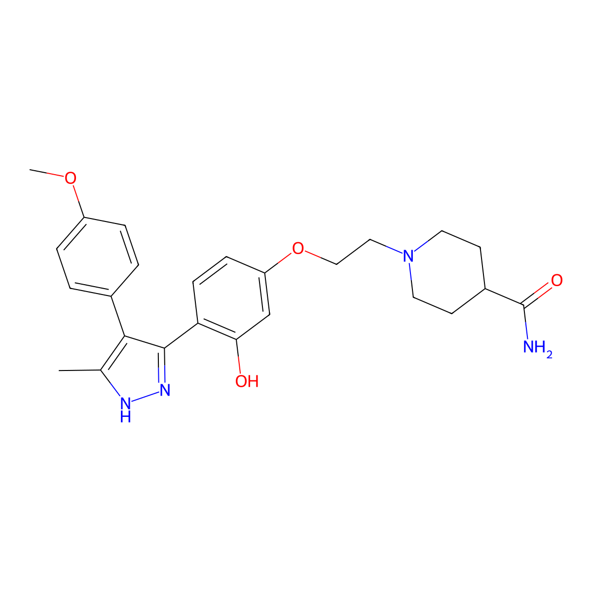 1-(2-(3-hydroxy-4-(4-(4-methoxyphenyl)-5-methyl-1H-pyrazol-3-yl)phenoxy)ethyl)piperidine-4-carboxamide molecular structure, CAS 1093065-79-2