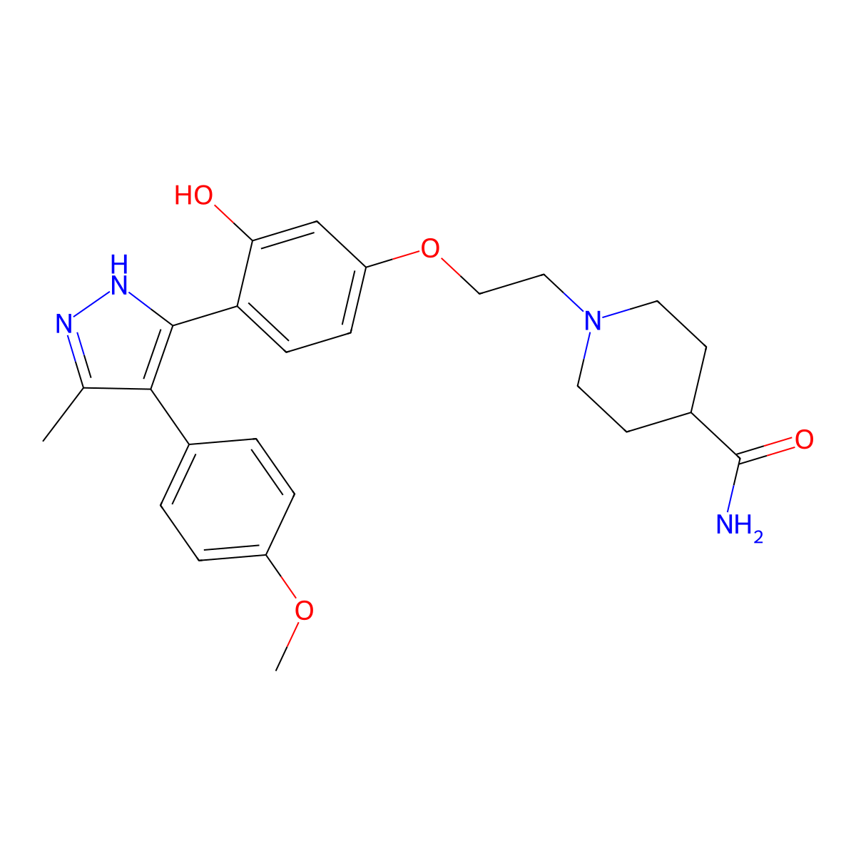 1-(2-(3-hydroxy-4-(4-(4-methoxyphenyl)-5-methyl-1H-pyrazol-3-yl)phenoxy)ethyl)piperidine-4-carboxamide molecular structure, CAS 1093065-79-2