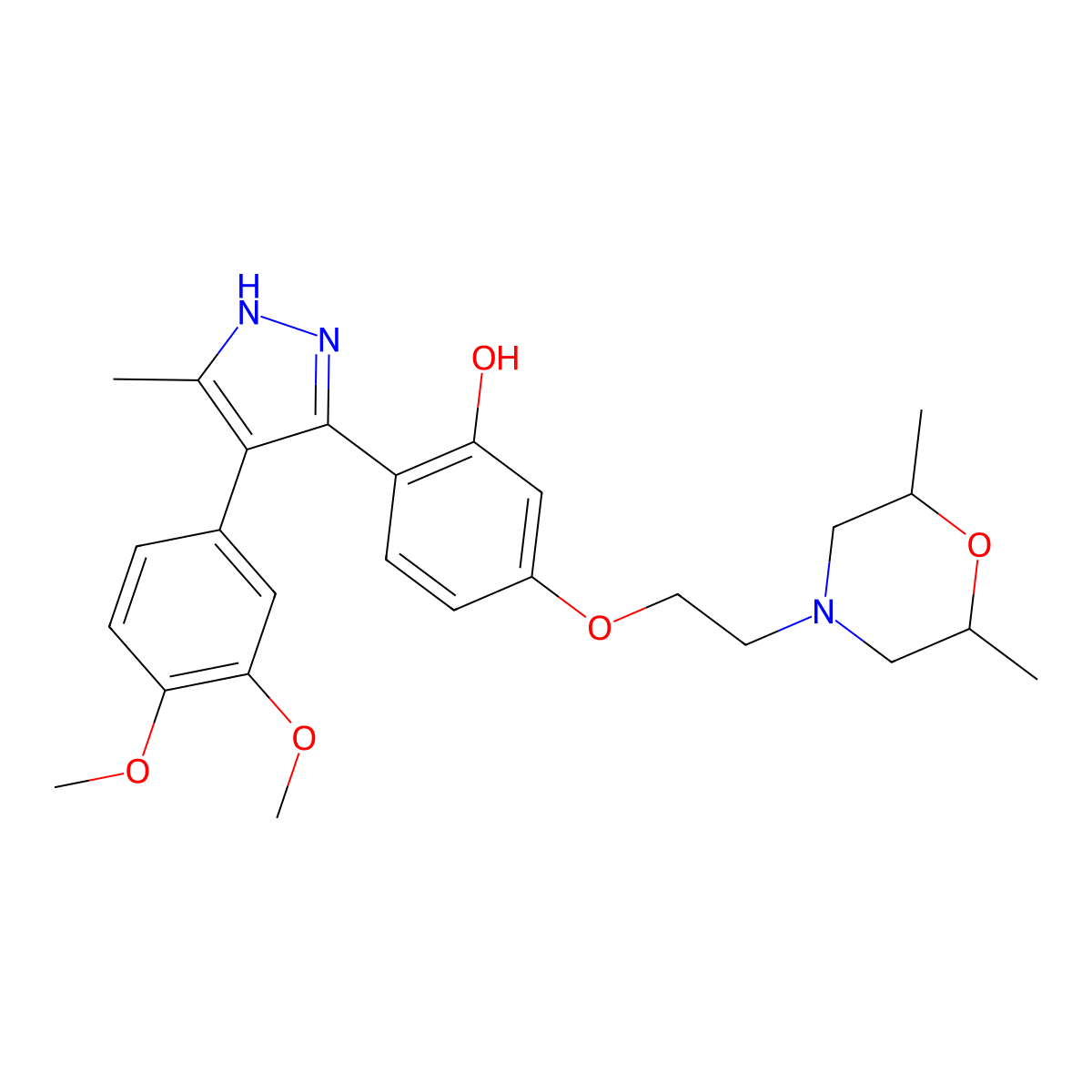2-(4-(3,4-dimethoxyphenyl)-5-methyl-1H-pyrazol-3-yl)-5-(2-(2,6-dimethylmorpholino)ethoxy)phenol molecular structure, CAS 1093065-80-5