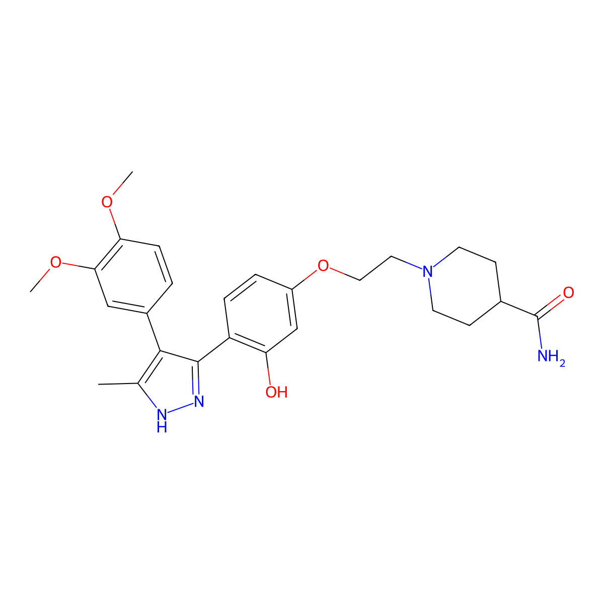 1-(2-(4-(4-(3,4-dimethoxyphenyl)-5-methyl-1H-pyrazol-3-yl)-3-hydroxyphenoxy)ethyl)piperidine-4-carboxamide molecular structure, CAS 1093065-83-8