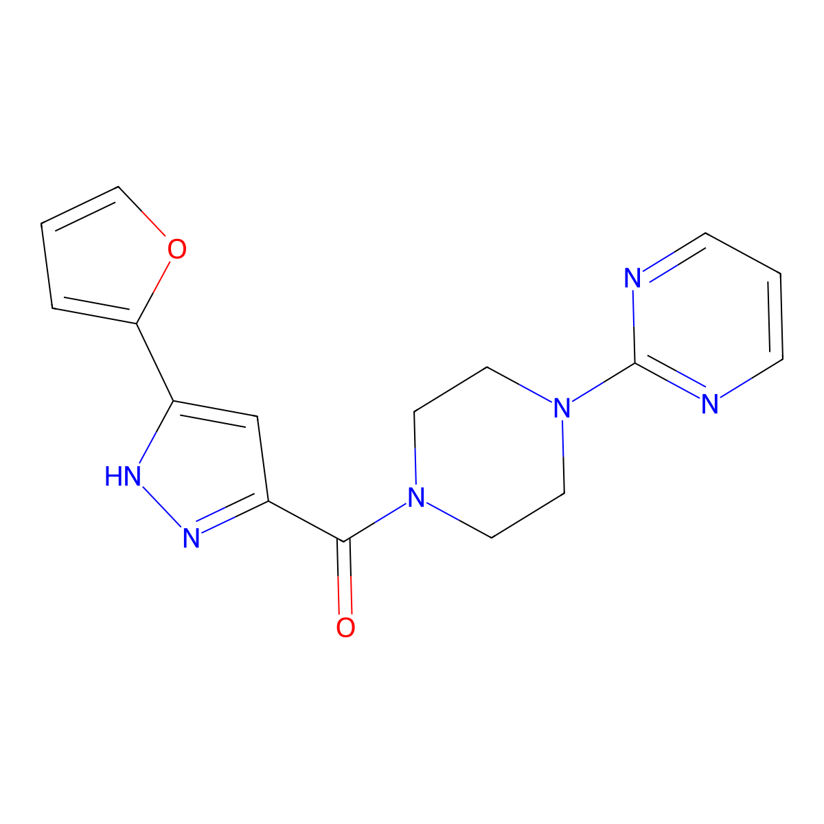 (5-(furan-2-yl)-1H-pyrazol-3-yl)(4-(pyrimidin-2-yl)piperazin-1-yl)methanone molecular structure, CAS 1093128-47-2