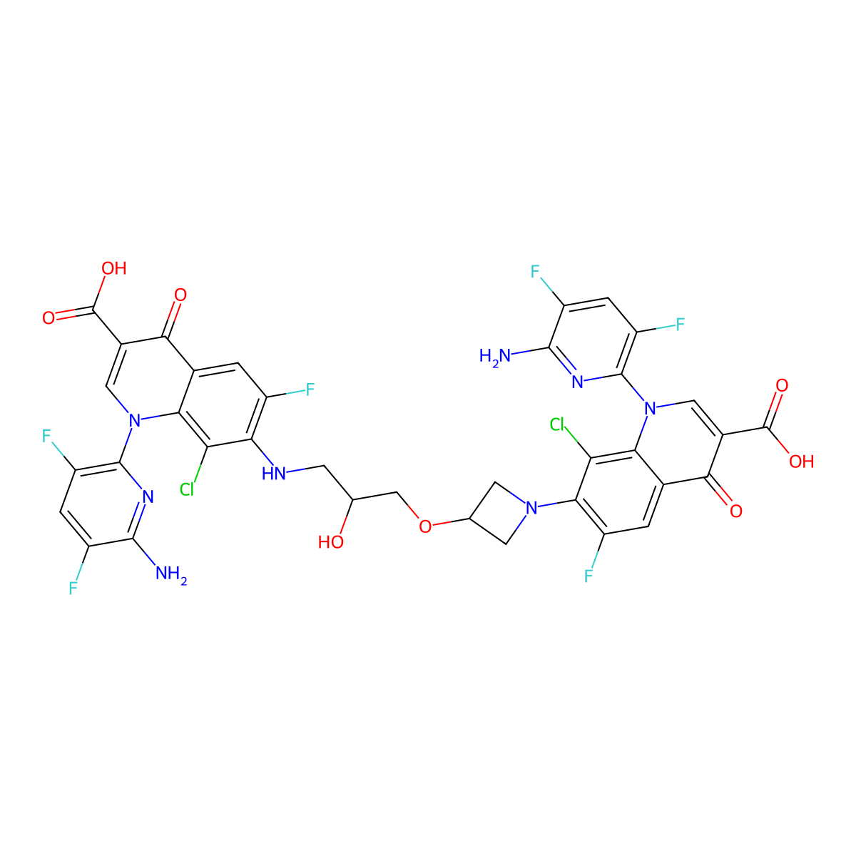1-(6-Amino-3,5-difluoropyridin-2-yl)-7-(3-(3-((1-(6-amino-3,5-difluoropyridin-2-yl)-3-carboxy-8-chloro-6-fluoro-4-oxo-1,4-dihydroquinolin-7-yl)amino)-2-hydroxypropoxy)azetidin-1-yl)-8-chloro-6-fluoro-4-oxo-1,4-dihydroquinoline-3-carboxylic acid molecular structure, CAS 1093185-35-3