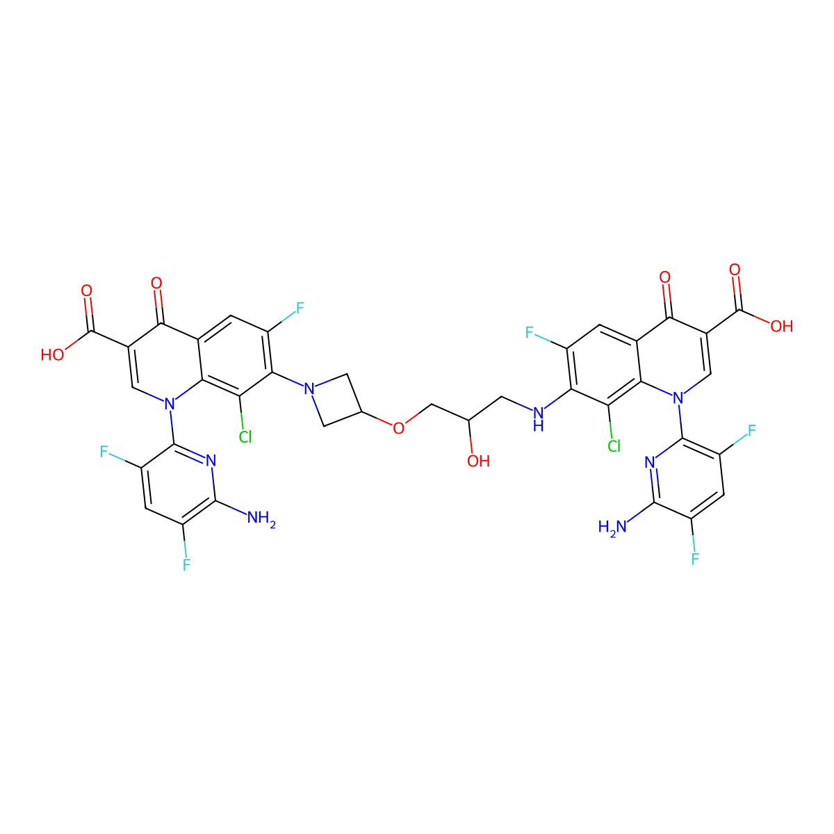 1-(6-Amino-3,5-difluoropyridin-2-yl)-7-(3-(3-((1-(6-amino-3,5-difluoropyridin-2-yl)-3-carboxy-8-chloro-6-fluoro-4-oxo-1,4-dihydroquinolin-7-yl)amino)-2-hydroxypropoxy)azetidin-1-yl)-8-chloro-6-fluoro-4-oxo-1,4-dihydroquinoline-3-carboxylic acid molecular structure, CAS 1093185-35-3