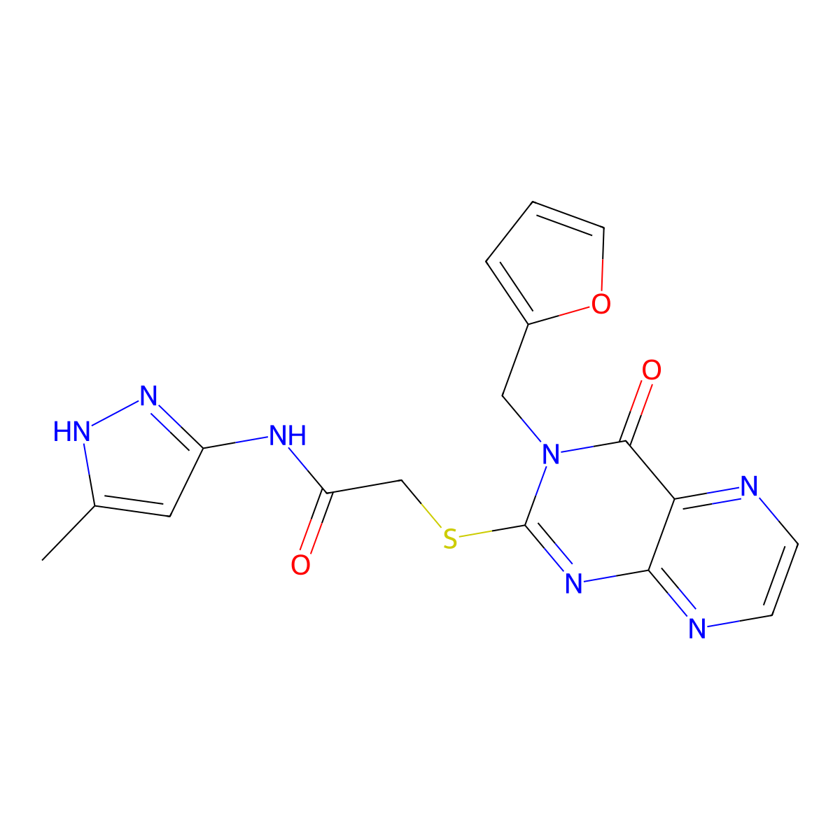 2-({3-[(furan-2-yl)methyl]-4-oxo-3,4-dihydropteridin-2-yl}sulfanyl)-N-(3-methyl-1H-pyrazol-5-yl)acetamide molecular structure, CAS 1093237-12-7