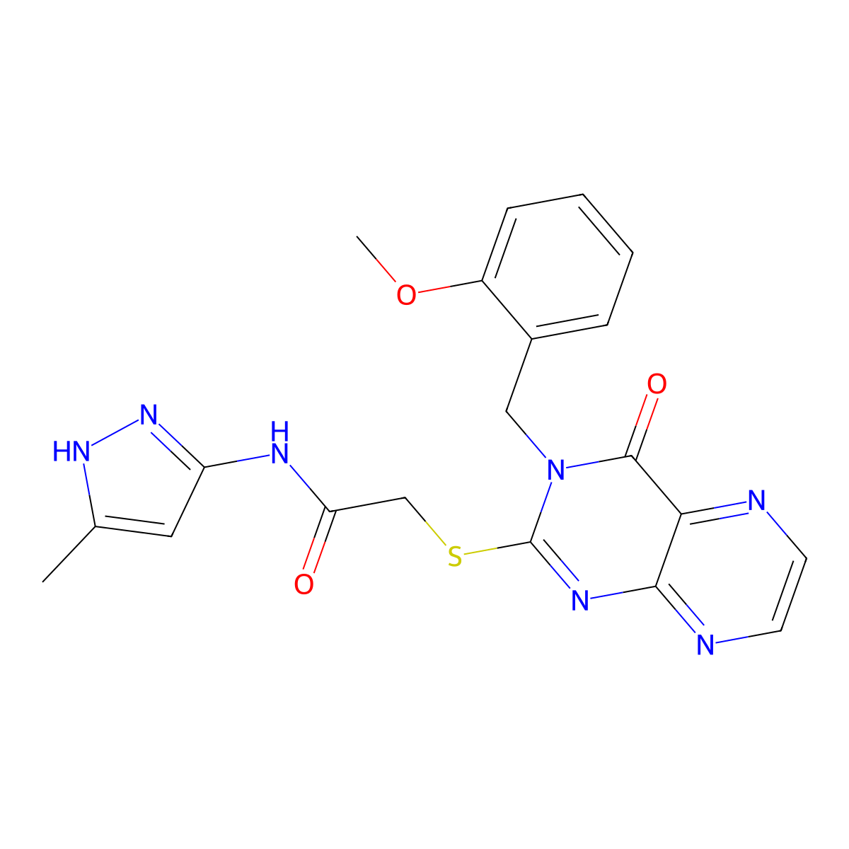 2-({3-[(2-methoxyphenyl)methyl]-4-oxo-3,4-dihydropteridin-2-yl}sulfanyl)-N-(3-methyl-1H-pyrazol-5-yl)acetamide molecular structure, CAS 1093237-14-9