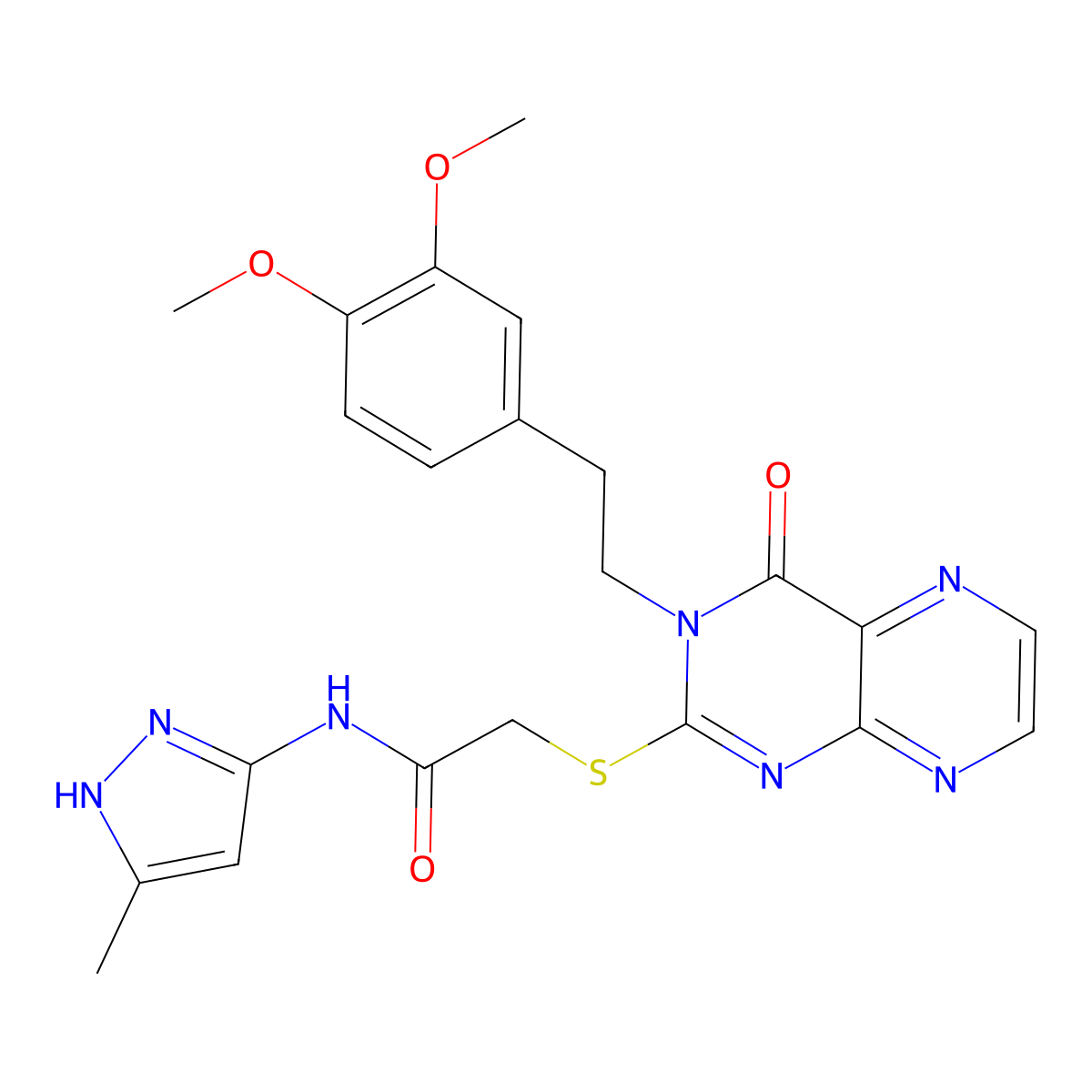 2-({3-[2-(3,4-dimethoxyphenyl)ethyl]-4-oxo-3,4-dihydropteridin-2-yl}sulfanyl)-N-(3-methyl-1H-pyrazol-5-yl)acetamide molecular structure, CAS 1093238-97-1