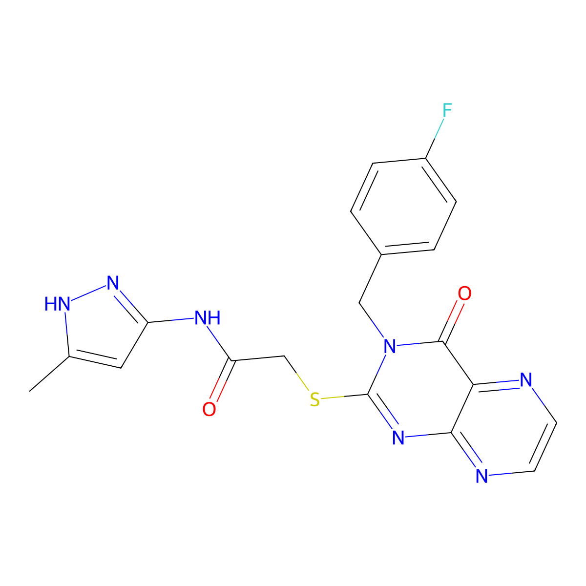 2-({3-[(4-fluorophenyl)methyl]-4-oxo-3,4-dihydropteridin-2-yl}sulfanyl)-N-(3-methyl-1H-pyrazol-5-yl)acetamide molecular structure, CAS 1093238-98-2