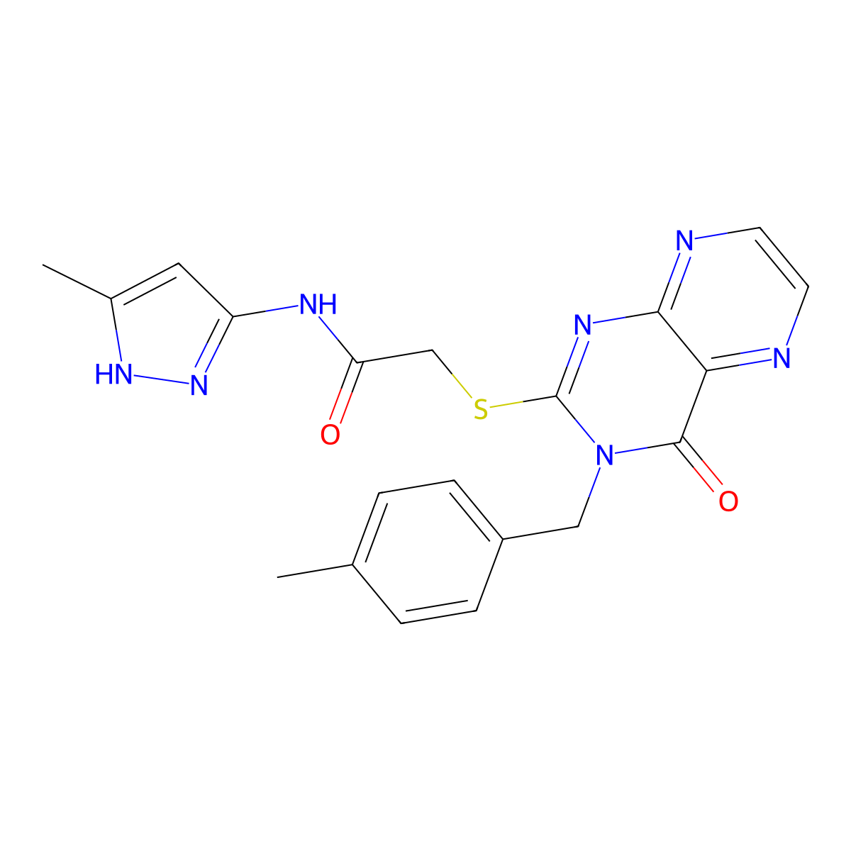 N-(3-methyl-1H-pyrazol-5-yl)-2-({3-[(4-methylphenyl)methyl]-4-oxo-3,4-dihydropteridin-2-yl}sulfanyl)acetamide molecular structure, CAS 1093238-99-3