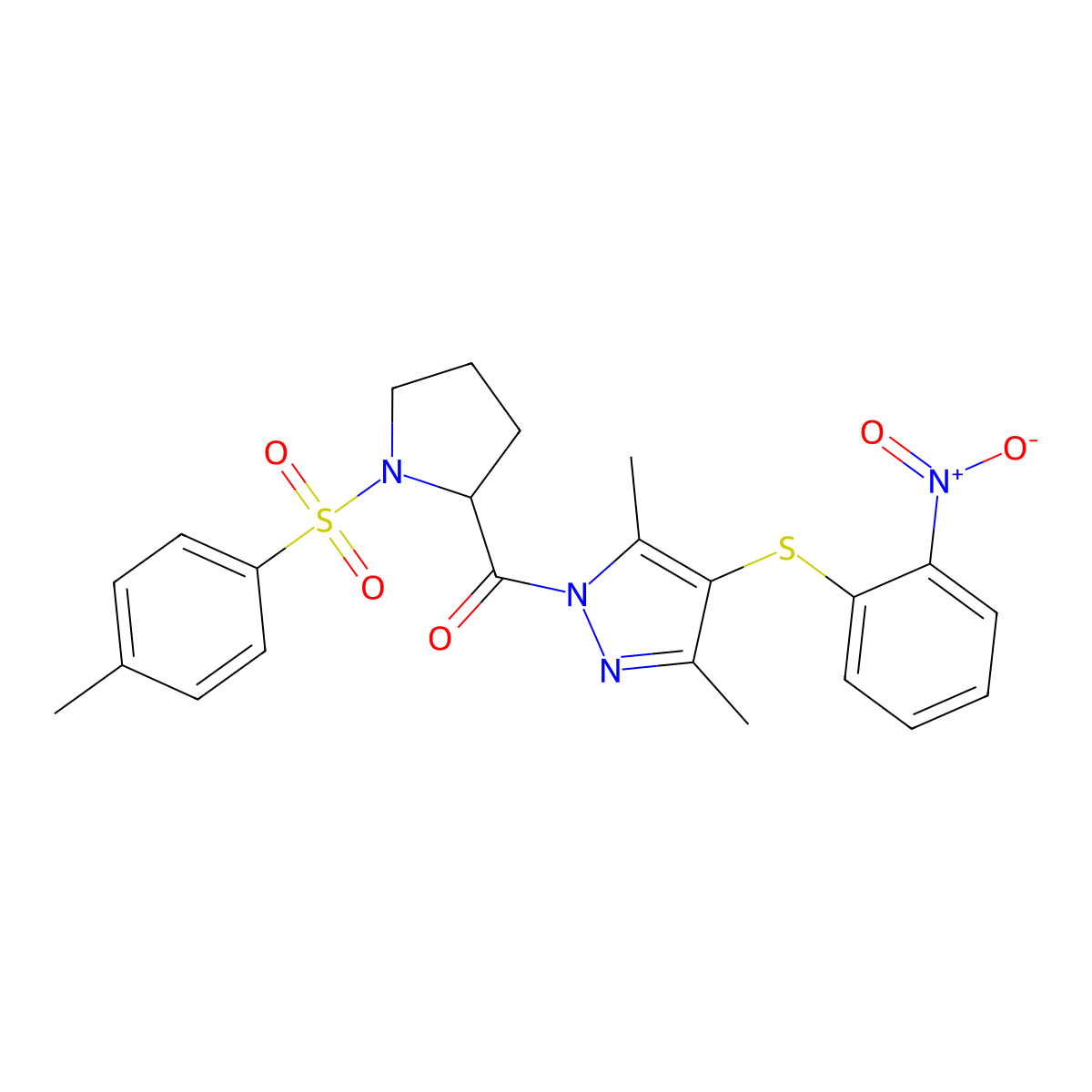 (3,5-dimethyl-4-((2-nitrophenyl)thio)-1H-pyrazol-1-yl)(1-tosylpyrrolidin-2-yl)methanone molecular structure, CAS 1093264-75-5